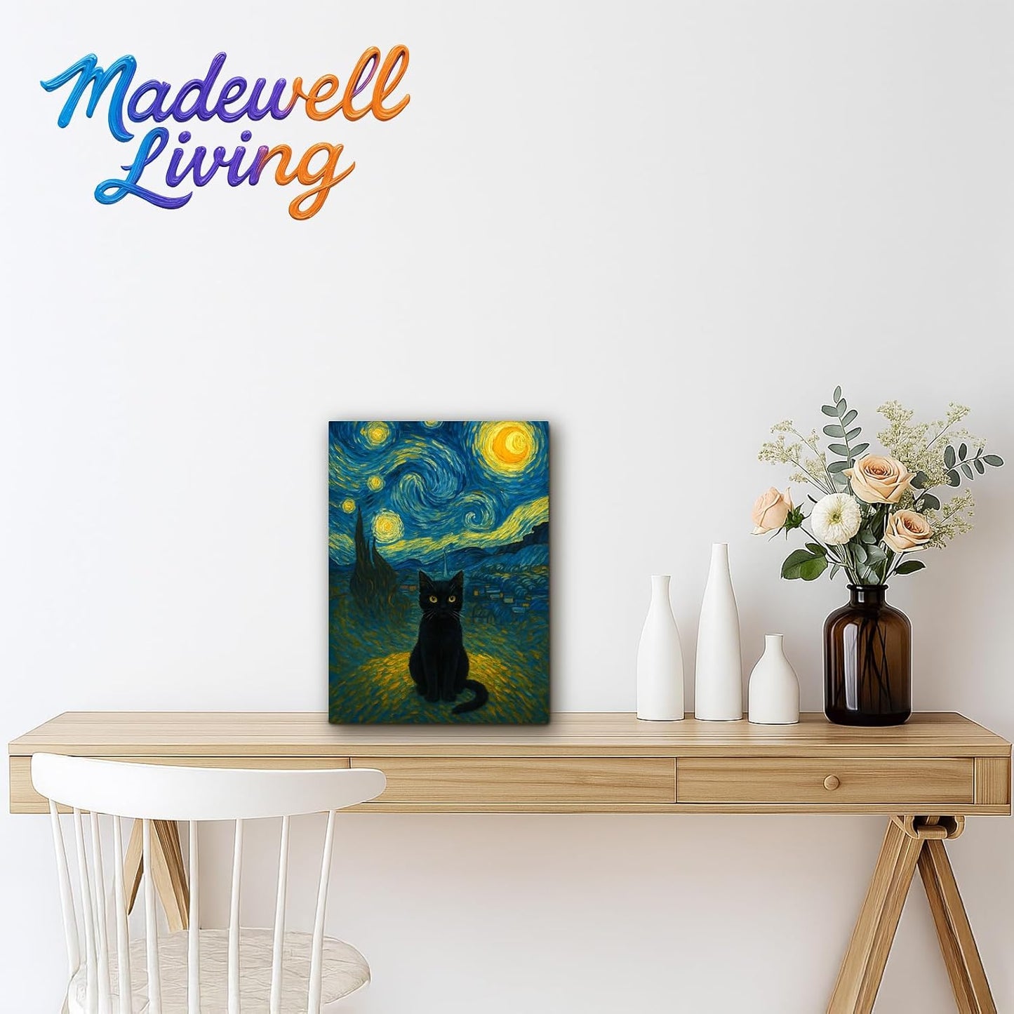 Madewell Living Van Gogh Starry Night with Funny Cat Canvas Print Wall Art (8x10 inch) - Ready to Hang, Waterproof Living Room & Bedroom Decor