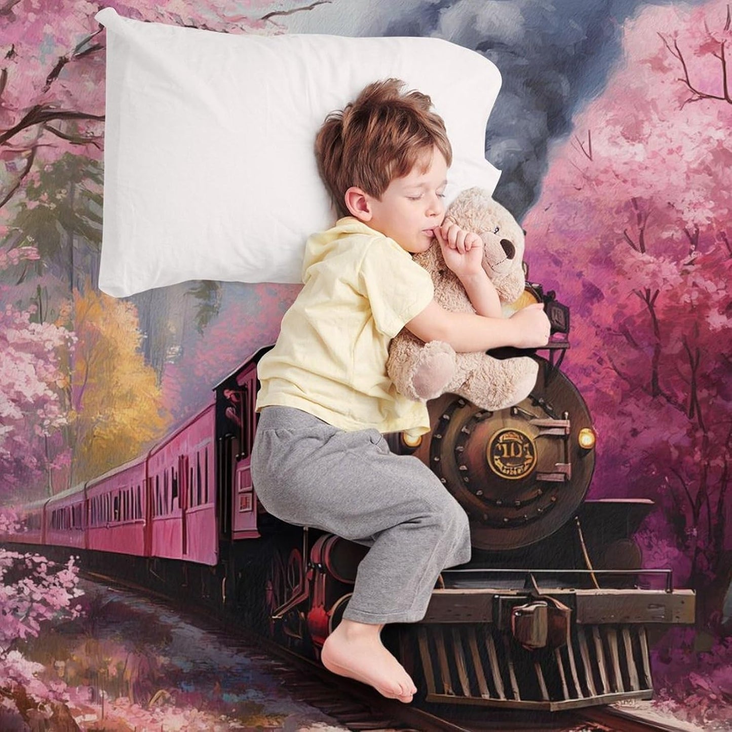 Train Floral Print Throw Blanket for Couch Bed Plush Cozy Fuzzy Flannel Blanket for All Season 55"x70"