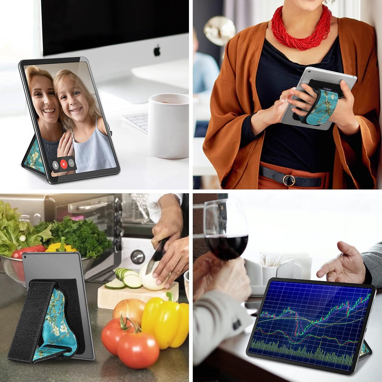 Fintie Universal Tablet Hand Strap Holder - [Dual Stand Supports] Detachable Padded Hook & Loop Fastening Handle Grip with Adhesive Patch for iPad/Galaxy Tab and All 7-11" Tablets, Gray