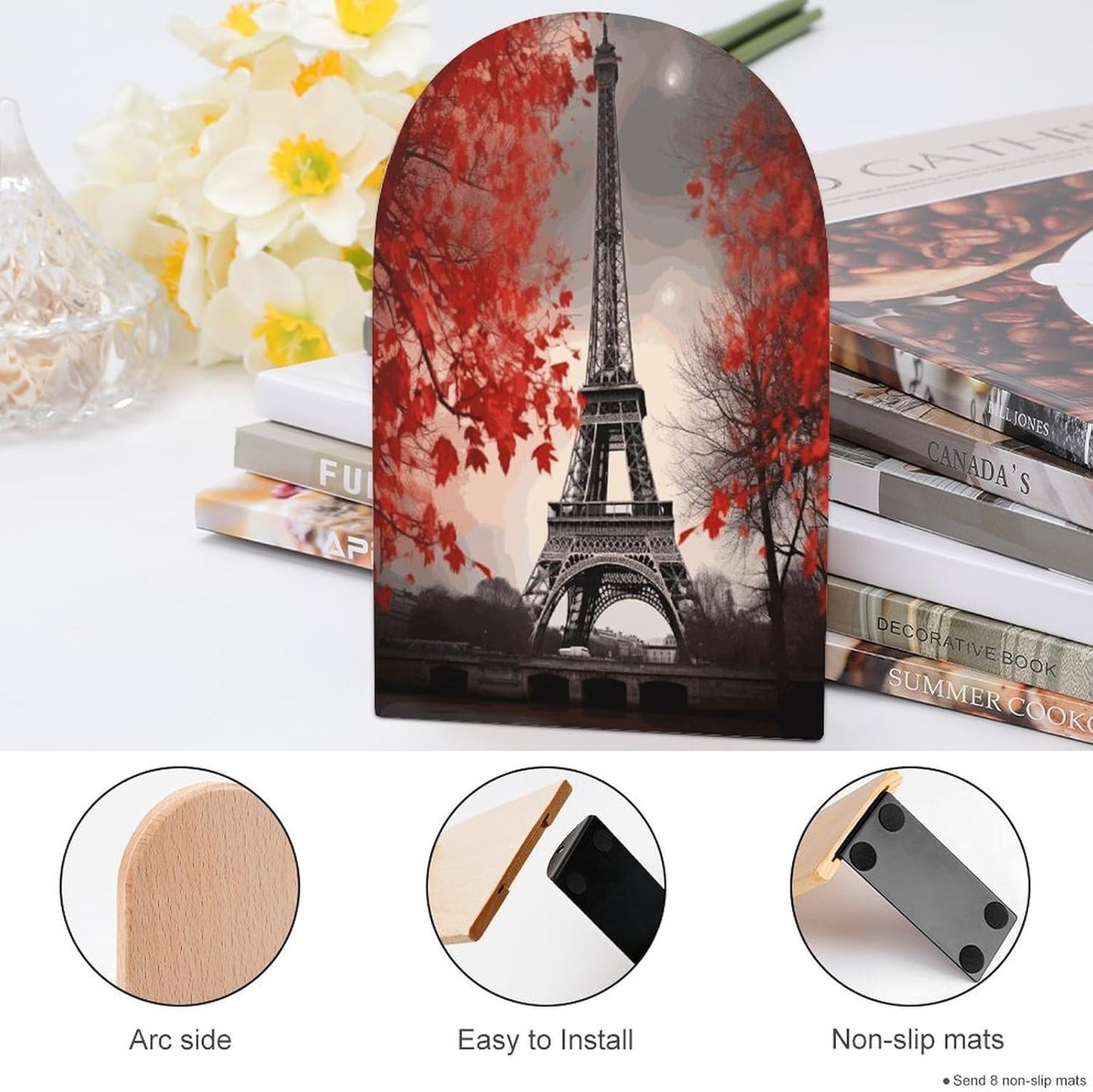 Eiffel Tower Autumn Leaves Bookend for Shelves Wooden Book End Large Size Sturdy Book Holders Stoppers with Metal Base for Bookshelves Slick Decorative Bookends Stands