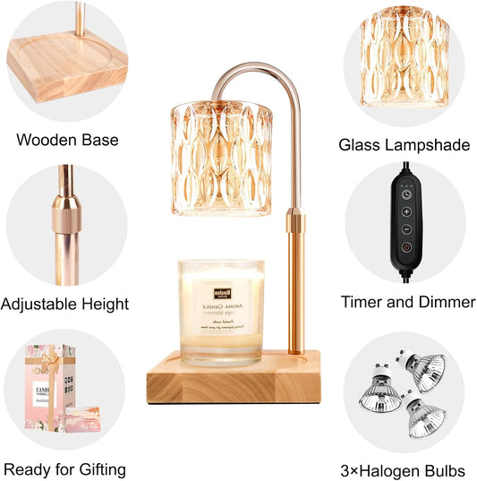Candle Warmer Lamp, Candle Warmer Light with Timer & Dimmer, Candle Warmer Lamp Adjustable Height, Compatible with Jar Scented Candles, Candle Warming Lamp with 3 Bulbs for Home Decor