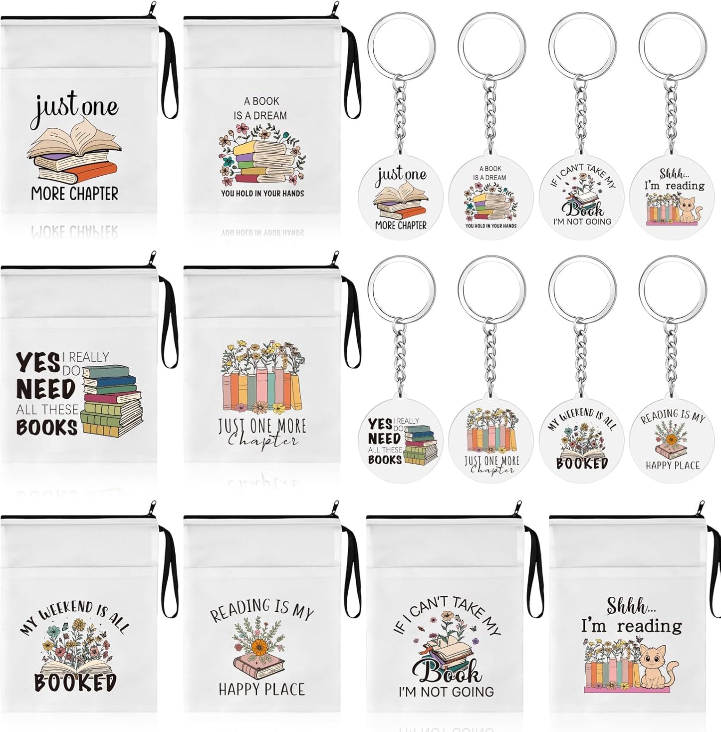 16Pcs Book Club Gifts Book Pouch Sleeves Book Lover Acrylic Keychains Bulk with Zipper and Pocket Paperback Sleeve for Librarian Lovers Bookish Group Club Gifts 11 x 8.7 Inch