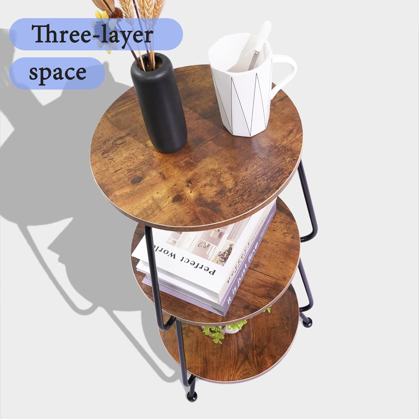 Small Round Side Table, 3 Tier Circular Narrow End Table with Storage Shelf, Round Corner Coffee Table Nightstand, Compact Tea Sofa Table for Living Room Bedroom Small Spaces, Rustic, Vintage, Brown