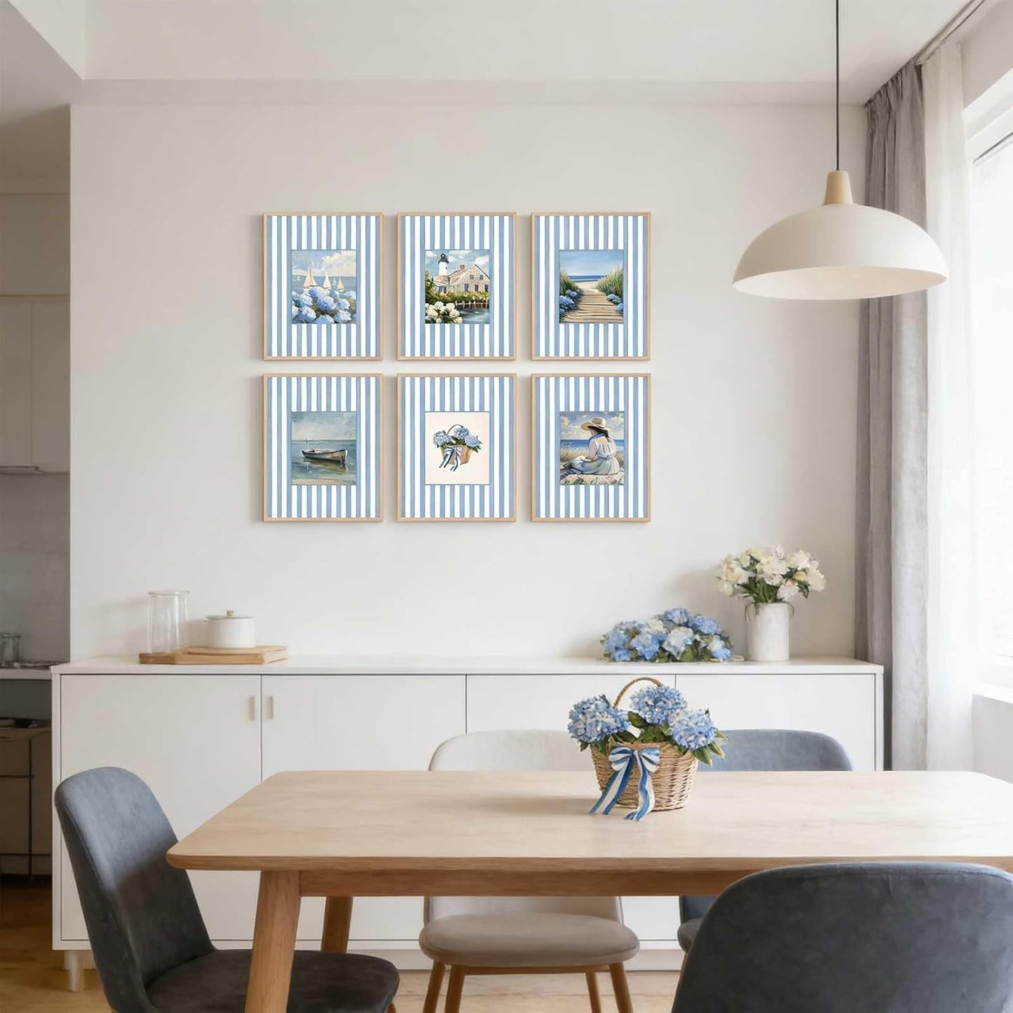 6Pcs Coastal Granddaughter Wall Art Prints Blue Stripe Hydrangea Beachy Wall Decor Pictures Summer Beach House Preppy Aesthetic Posters for Girly Bedroom Dorm Apartment Home Decoration (blue, 10"L x 8"W, Unframed)