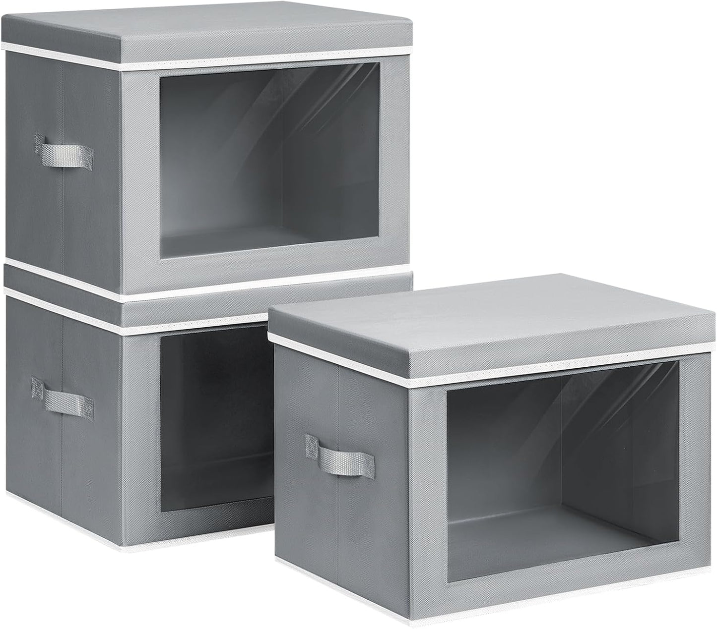 Large Storage Baskets Bins with Lids - Stackable Cube Bins for Closet, 3 Pack Grey Windows Organizer Bins, Home Organizers and Storage for Clothes, CD, Towels