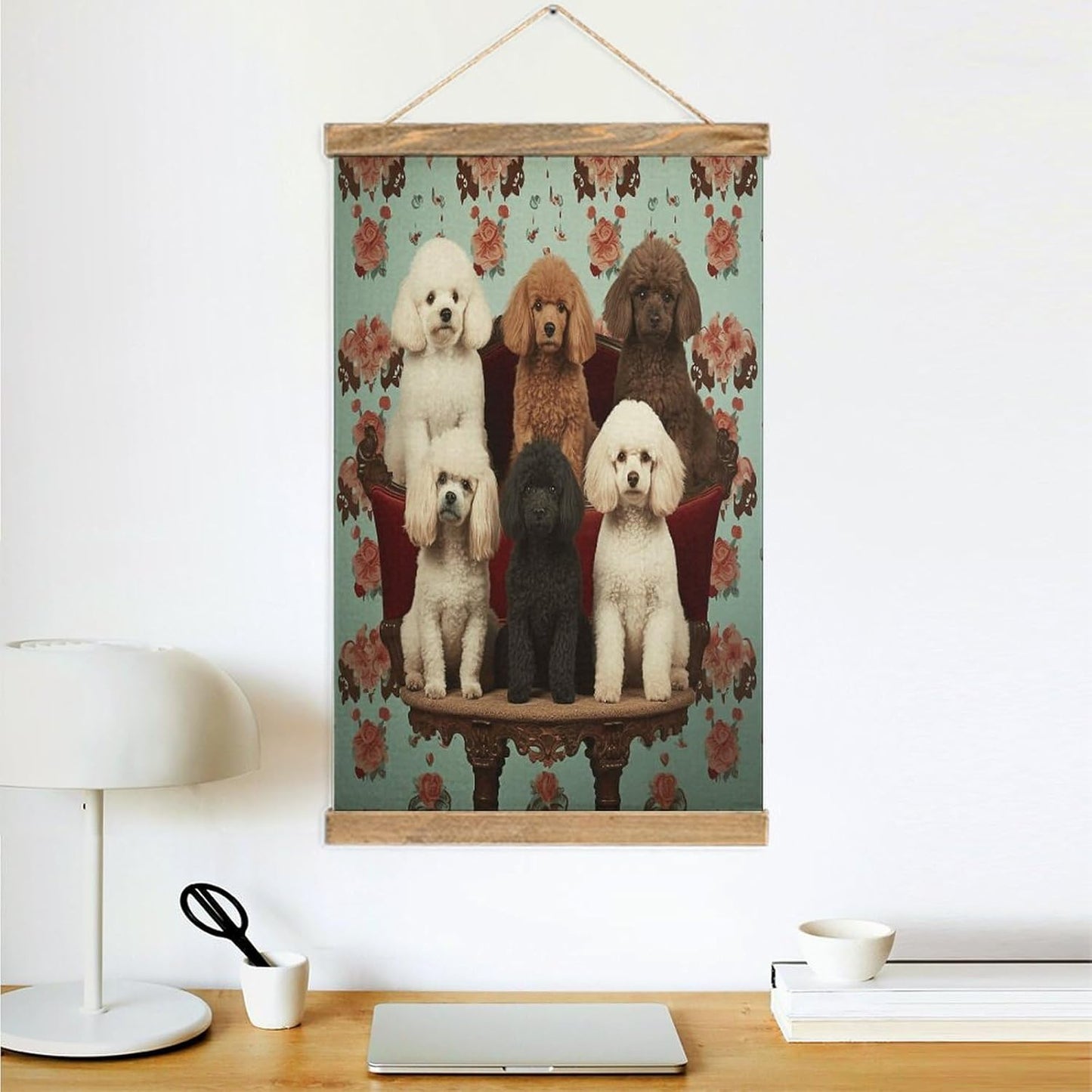 Vintage Poodles Dogs Poster with Wooden Frame Personalized Linen Hanging Scroll Painting Rustic Wall Hanging Illustrative Modern Artwork Decor for Home Living Room Bedroom Office