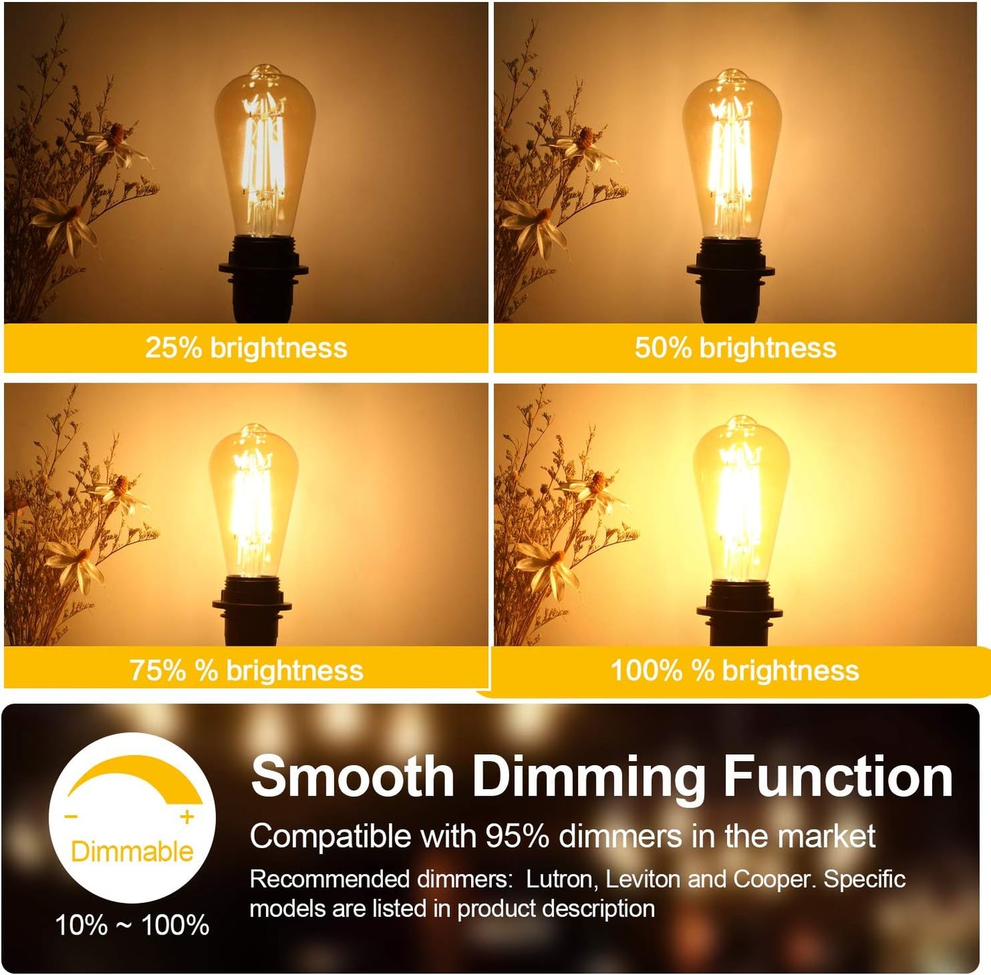 TOBUSA Dimmable LED Edison Light Bulbs 100W Incandescent Equivalent, Vintage Light Bulb 2700K Warm White(Amber Glass), ST64/ST21 LED Filament Bulbs 8W 1200LM, E26 Edison Bulb for Home, Reading 4-Pack