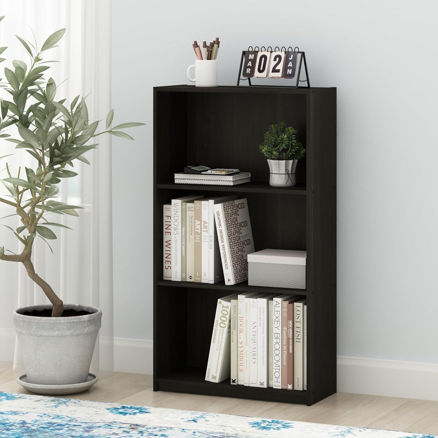 FURINNO Basic 3-Tier Bookcase/Bookshelf/Storage Shelves, Dark Espresso 9.25D x 21.73W x 39.5H in