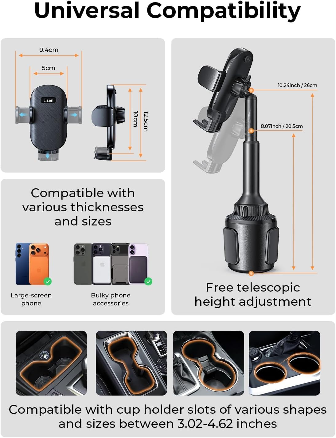 LISEN Cup Holder Phone Holder [No Shaking] Phone Holder for Car, 360° Adjustable iPhone Holder Car Accessories for Women Truck Jeep Golf for iPhone 17 Pro Max 16 15 14 Samsung S25 All 4-7'' Phone