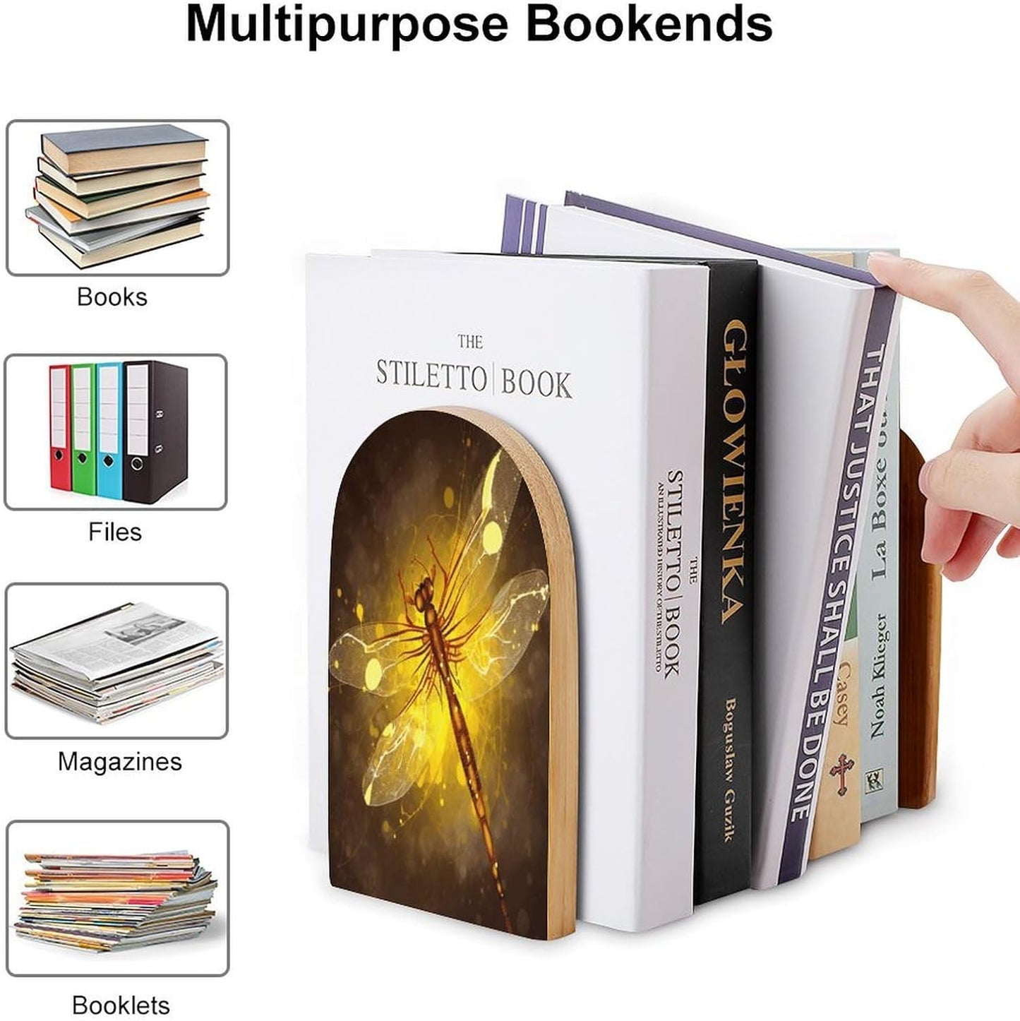 Abstract Yellow Dragonfly Bookend for Shelves Wooden Book End Large Size Sturdy Book Holders Stoppers with Metal Base for Bookshelves Slick Decorative Bookends Stands
