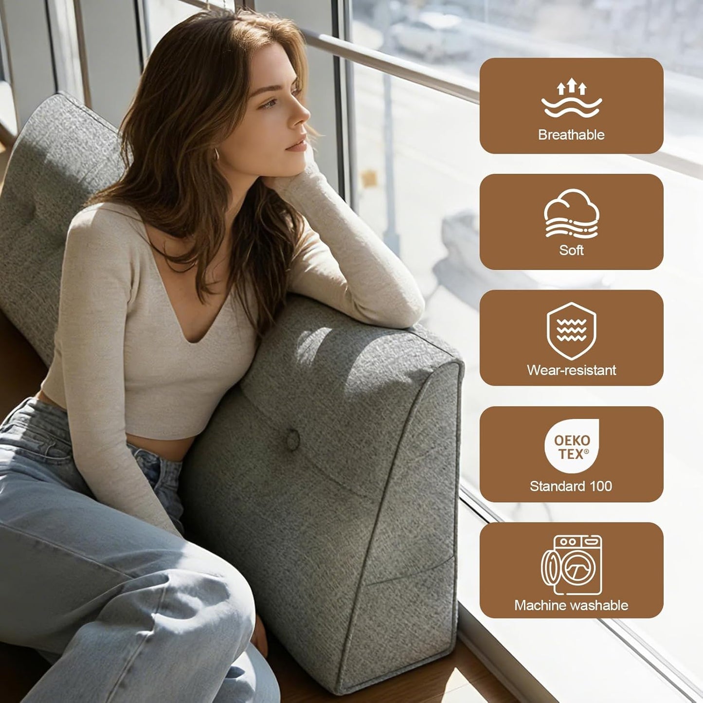 Headboard Pillow Queen, Triangle Wedge Pillow for Bed, Reading & Sitting Support, Backrest Cushion with Removable Cover, Comfortable Daybed Pillow for Bedroom, Dorm, or Sofa – Light Gray Linen Fabric
