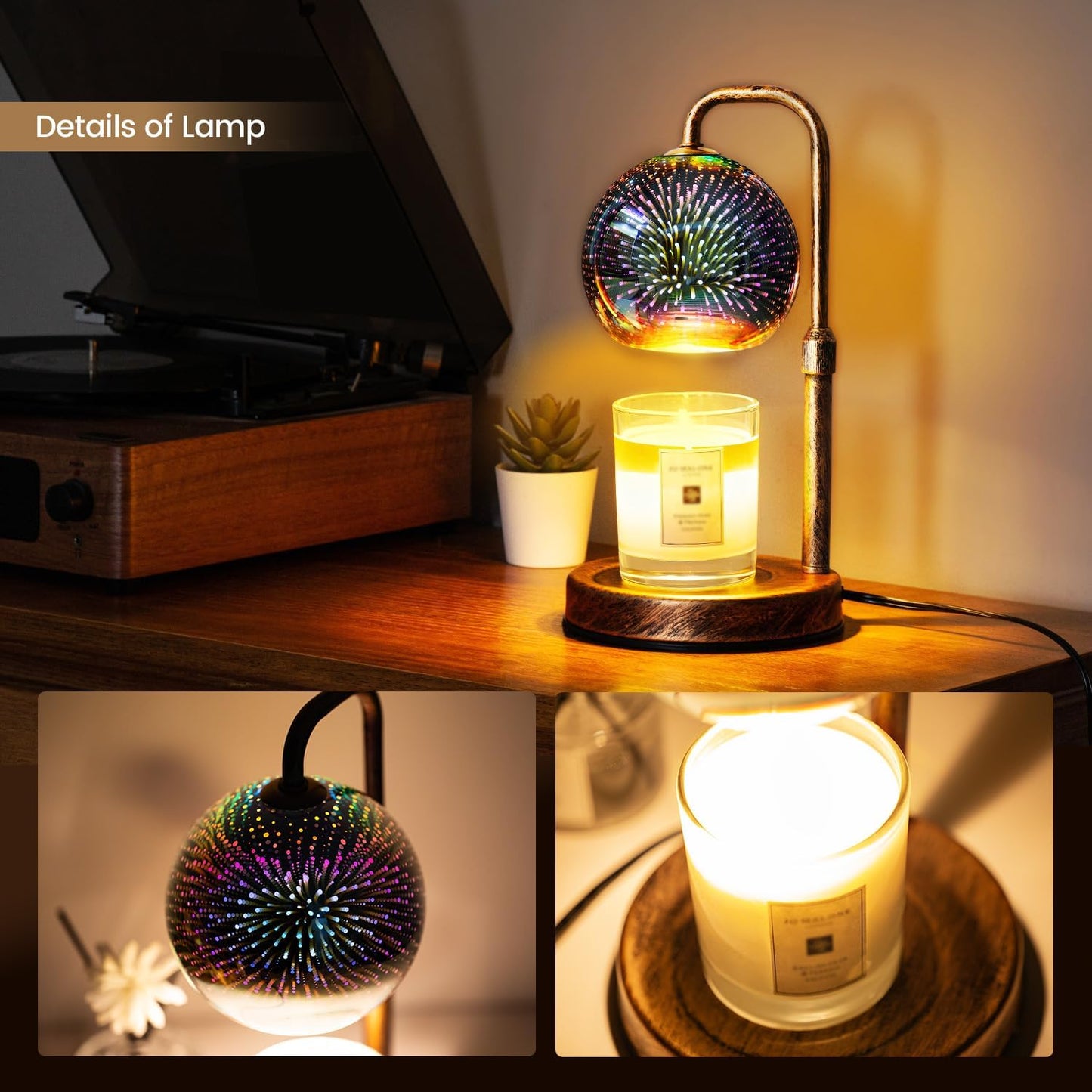 Glocusent Candle Warmer Lamp with Timer, 3D Glass Globe, Antique Base, Dimmable Height Adjustable Wax Melter for Scented Jar Candles, 2-8H Auto Off, Christmas Birthday Gifts for Women, Home Decor Gift