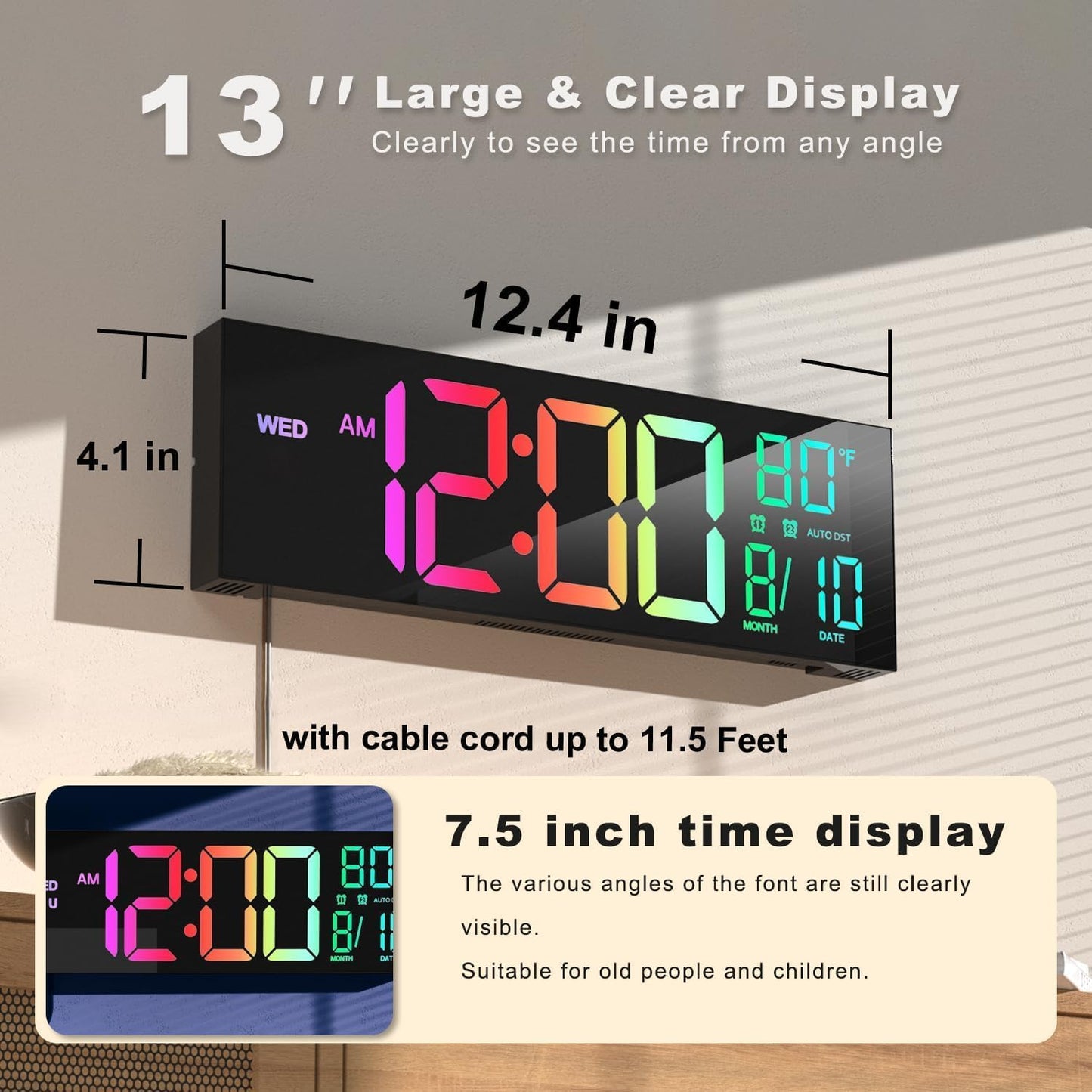 JALL 13" Large Digital Wall Mount Clock, Count Down Timer, Alarm, Big LED, DST, Temperature for Living Room Classroom Desk, Xmas, Birthday Gift for Senior Mom Dad, RGB