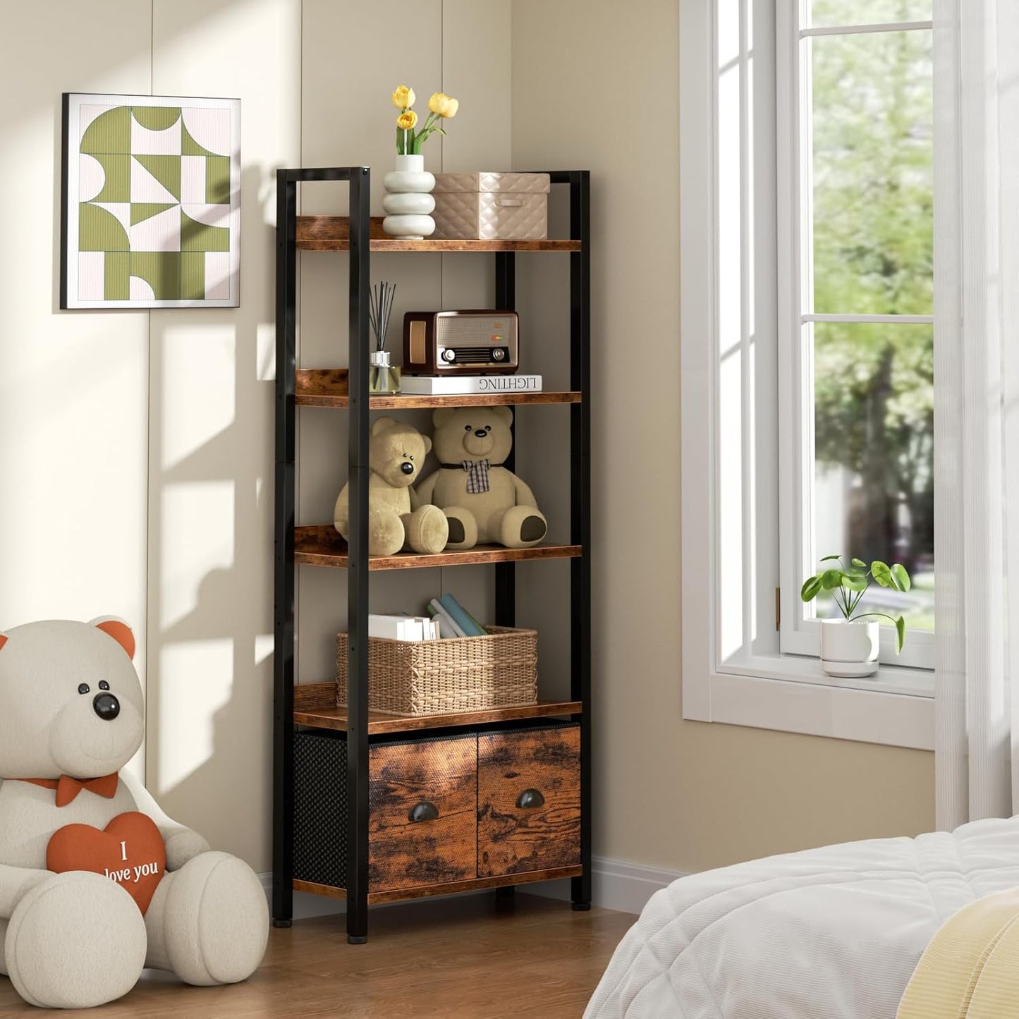 Furologee 5-Tier Bookshelf, Tall Bookcase with 2 Storage Drawers, Industrial Standing Storage Shelf, Wood Metal Display Rack for Living Room Bedroom Home Office, Rustic Brown