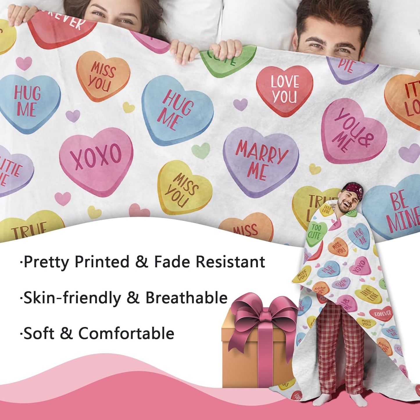 Valentines Day Flannel Throw Blanket, Colorful Love Hearts Anniversary Birthday Gifts for Women Kids Lover Couples, Cute Romantic Words Soft Blankets for Classroom School Bedding Sofa 50" x 60"