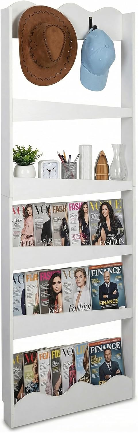 Janmid 5-Tier Behind The Door Bookshelf, Wall Mounted White Wooden Book Shelf Organizer, Slim Narrow Space-Saving Storage Cabinet for Bedroom, Living Room, Playroom – 70.9×23.6×7.9 in