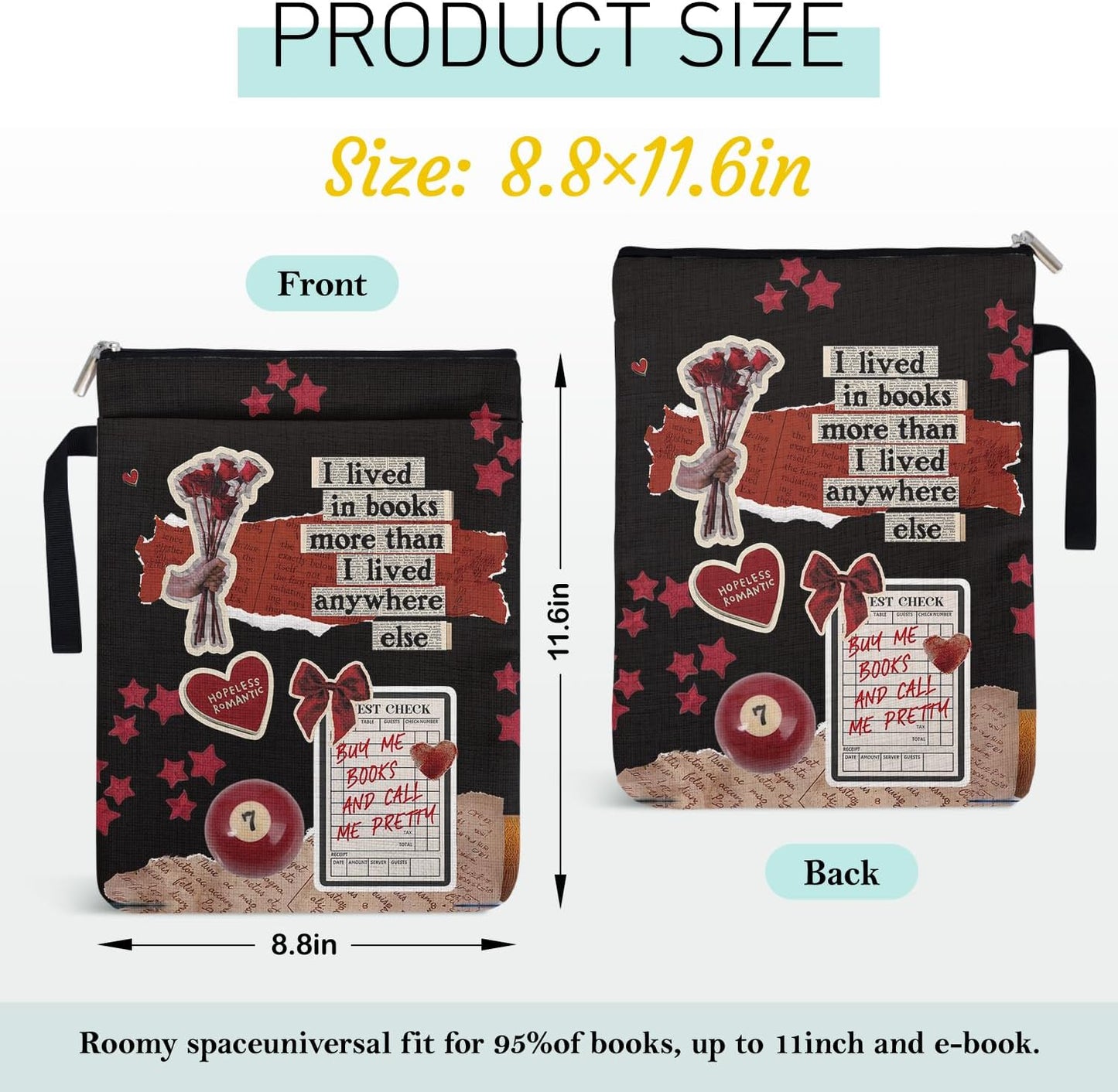 Black Lover Aesthetics Collage Pattern Book Sleeve for Book Lovers, Y2K Style Paperback Book Cover with Waterproof Zipper and Handle for Women, Librarian Reading Accessories & Bookish Group Gifts