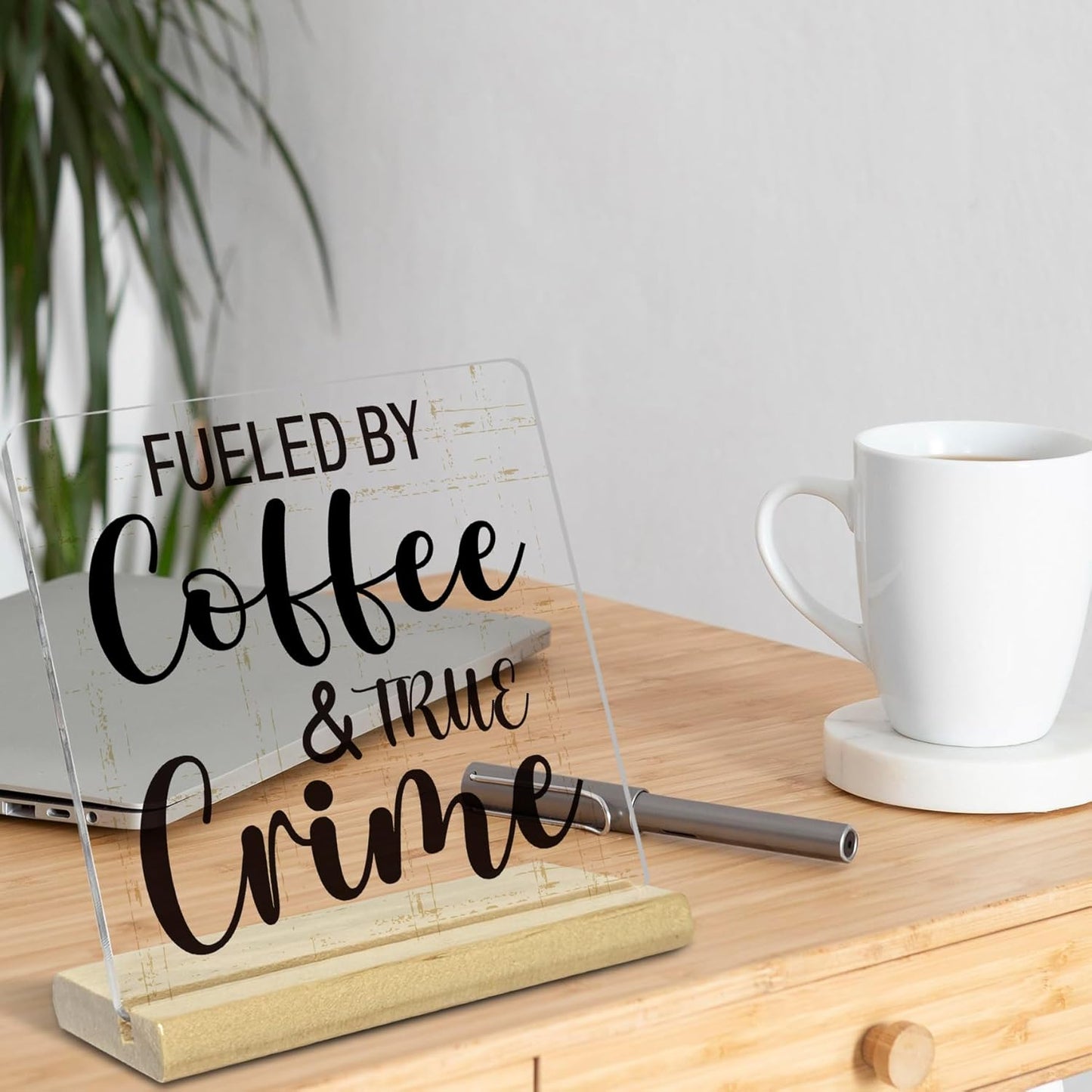 Funny Coffee Acrylic Plaque Gifts for Women Men, Fueled By Coffee And True Crime, Humorous Acrylic Home Kitchen Office Table Decor