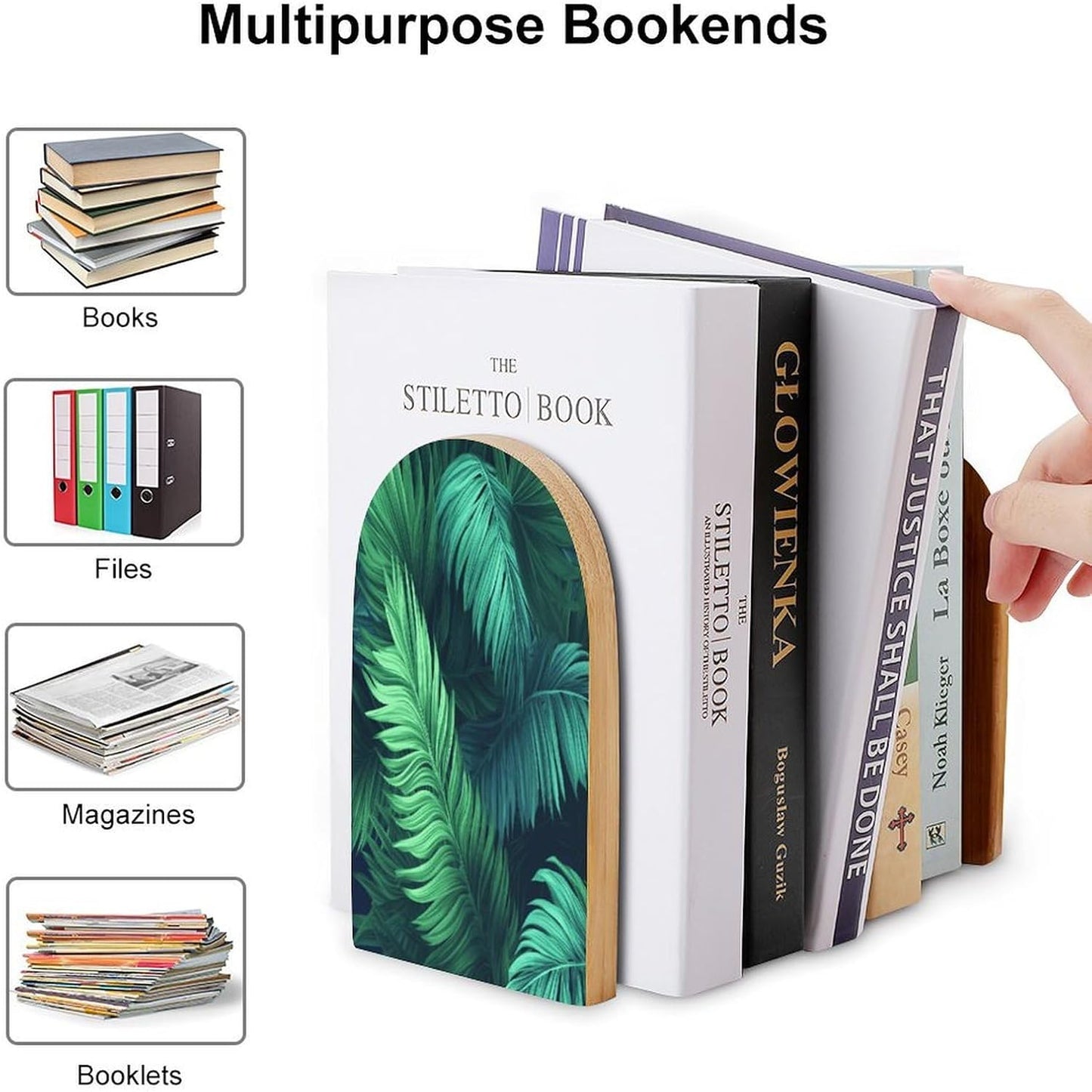 Tropical Palm Leaves Bookend for Shelves Wooden Book End Large Size Sturdy Book Holders Stoppers with Metal Base for Bookshelves Slick Decorative Bookends Stands