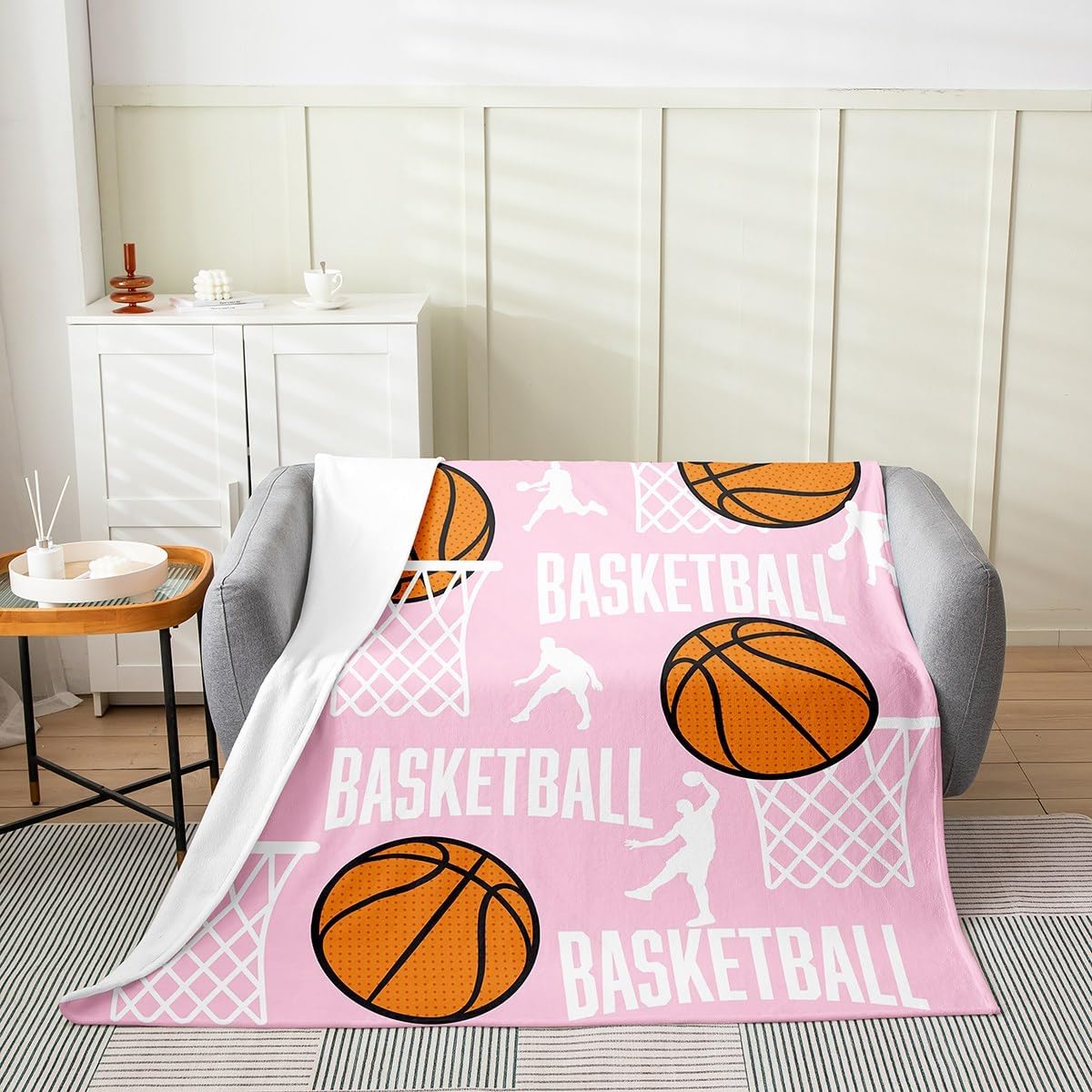Feelyou Basketball Flannel Fleece Throw Blanket Twin 60"x80" Basketball Lover Plush Blanket for Kids Teens Adults Pink Fuzzy Blanket Sport All Season Bed Blanket