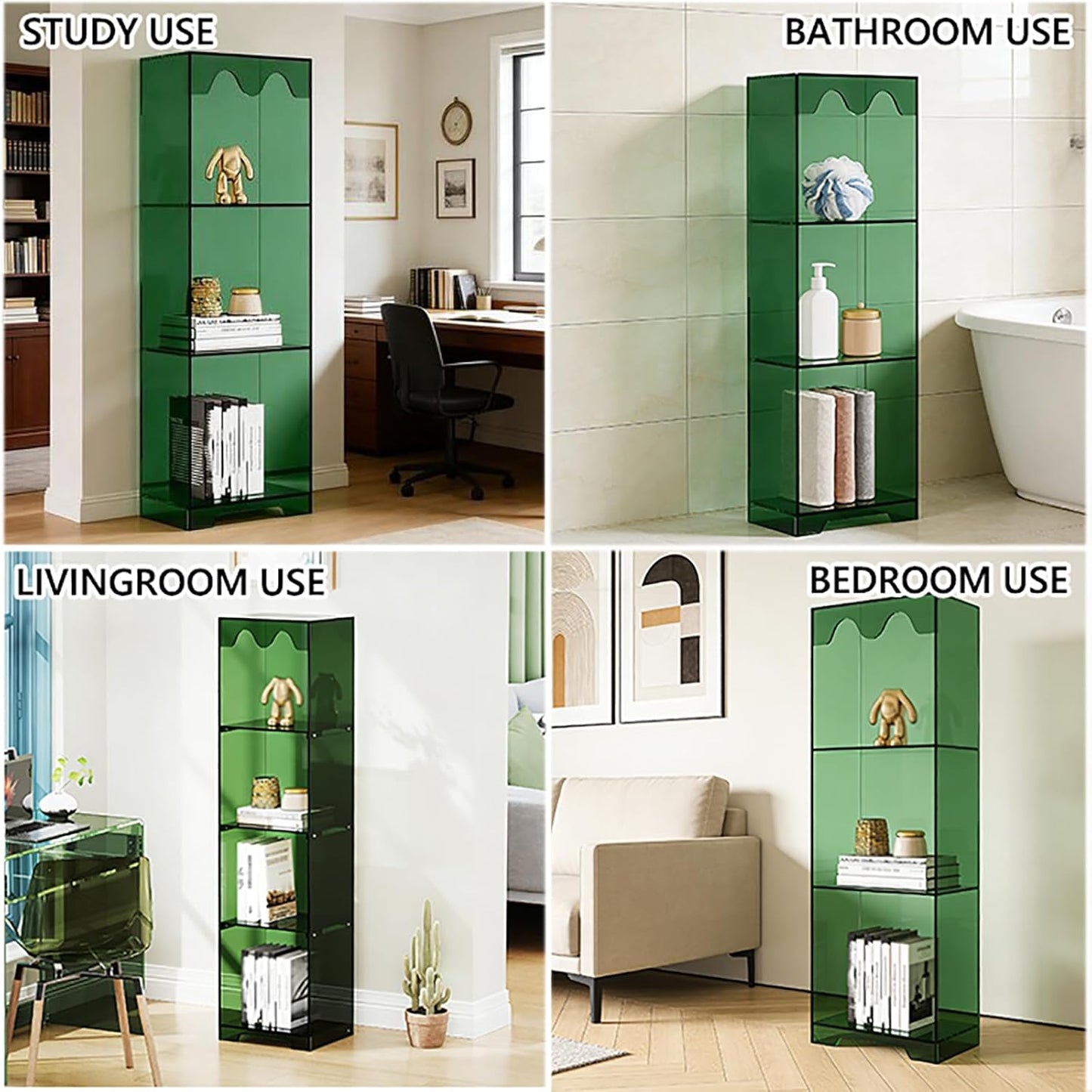 Narrow Acrylic Bookcase,3 Tier Clear Floor Standing Bookshelf,Tall Corner Display Shelf,Skinny Storage Cabinet for Home, Office, Livingroom,Bathroom(153cm/60.2in, Orange)