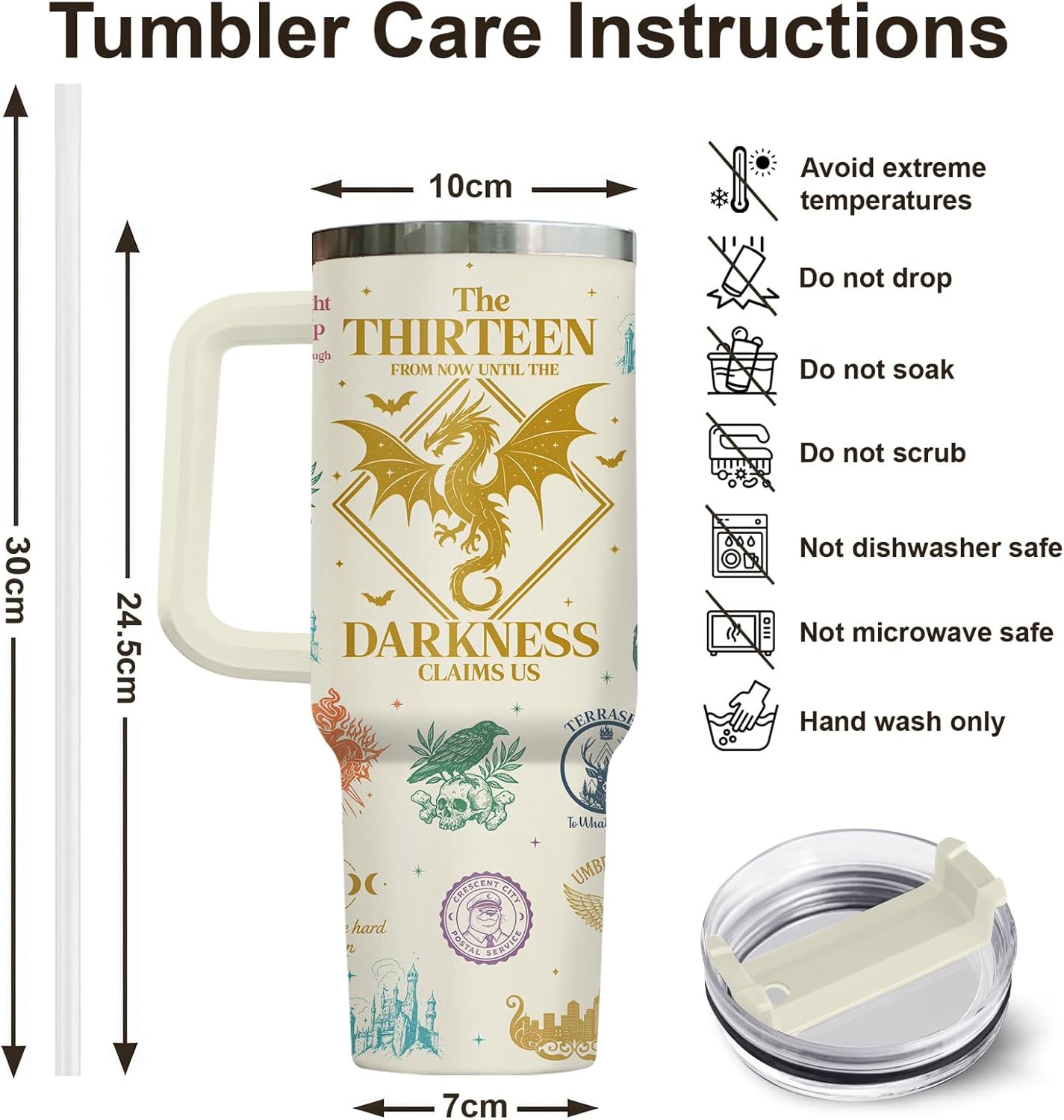 Fantasy Bookish Tumbler - 40oz Insulated Stainless Steel Mug with Handle - Dragon and Sword Throne Aesthetic - You Do Not Yield Quote - Gift for Epic Fantasy Readers, Book Lovers