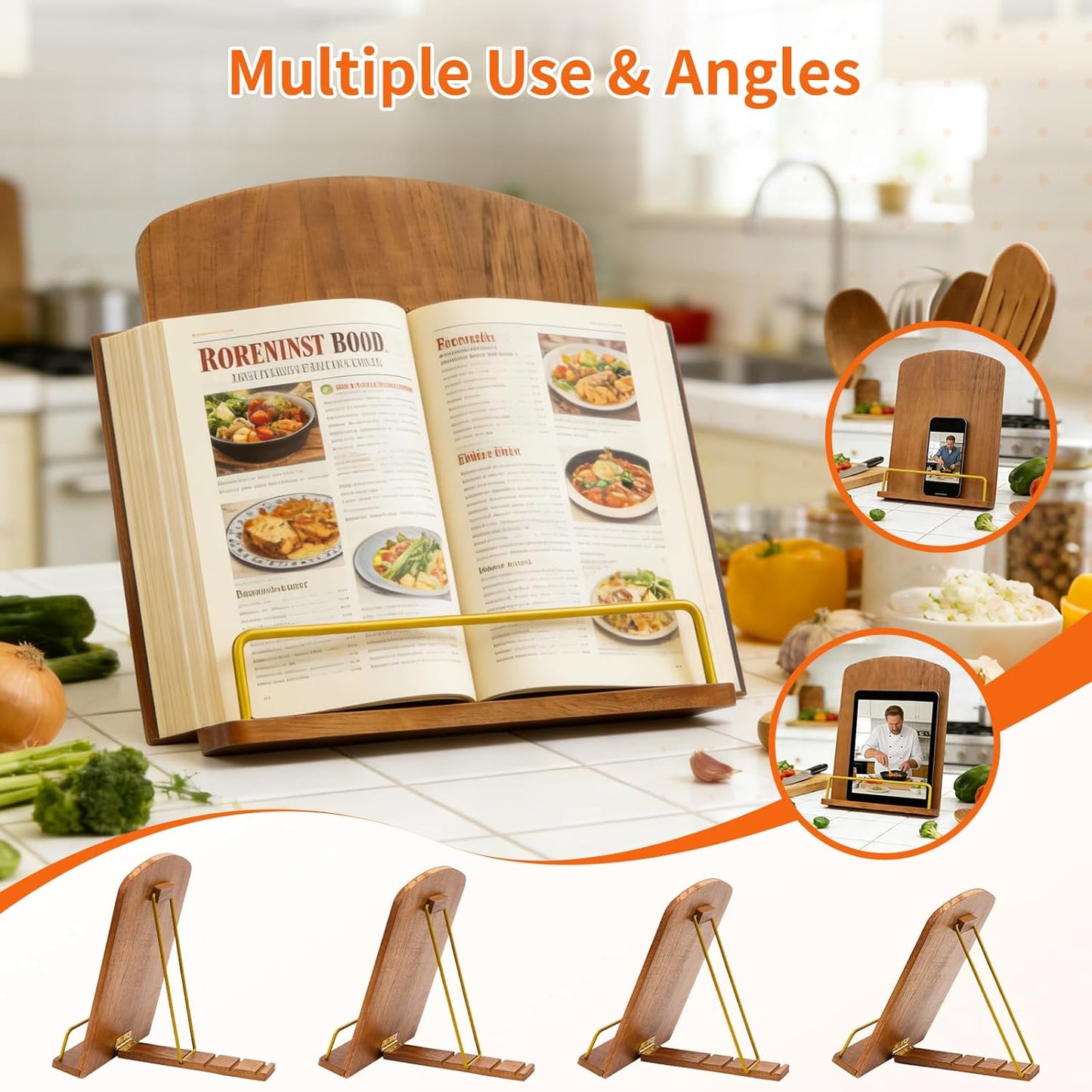 Cookbook Stand for Kitchen Counter, Adjustable Wooden Foldable Recipe Book Holder for Hands-Free Cooking, Fits Books & Tablets