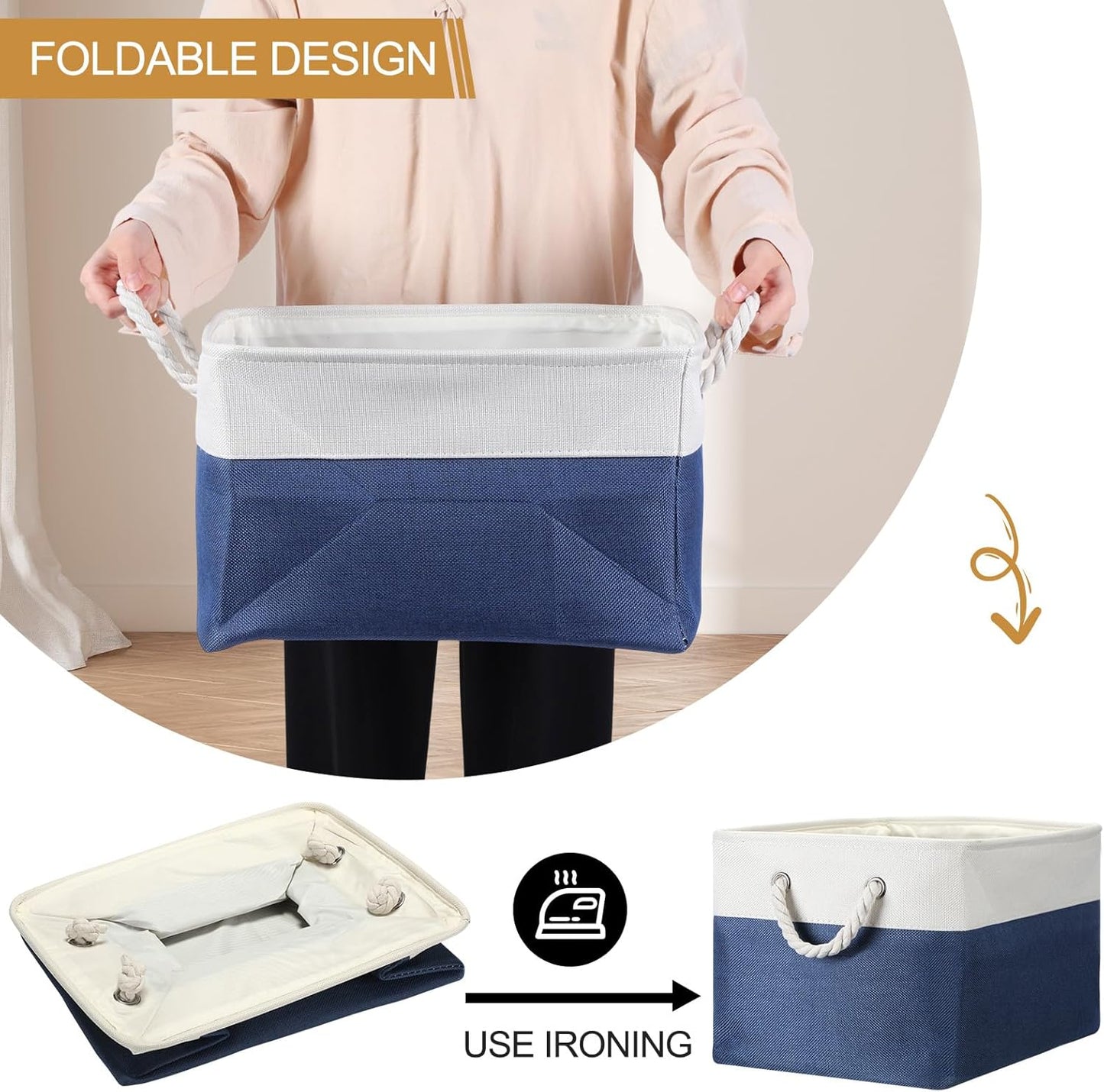 10 Pack Large Collapsible Fabric Storage Baskets with Handles Decorative Storage Bins for Organizing Shelves Toys Clothes(White & Dark Blue,16 x 12 x 10 Inches)