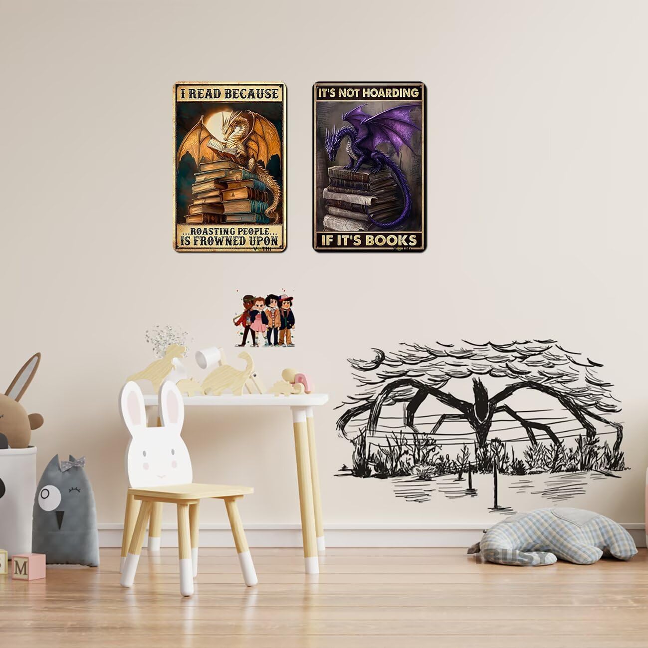VOTHI Funny Library Decor Dragon Bookends Tin Sign,I Read Because Roasting People Is Frowned Upon,Fantasy Decor,Book Accessories for Reading Lovers or Home Cafe Library Bookshelf Wall Decor 8x12 In