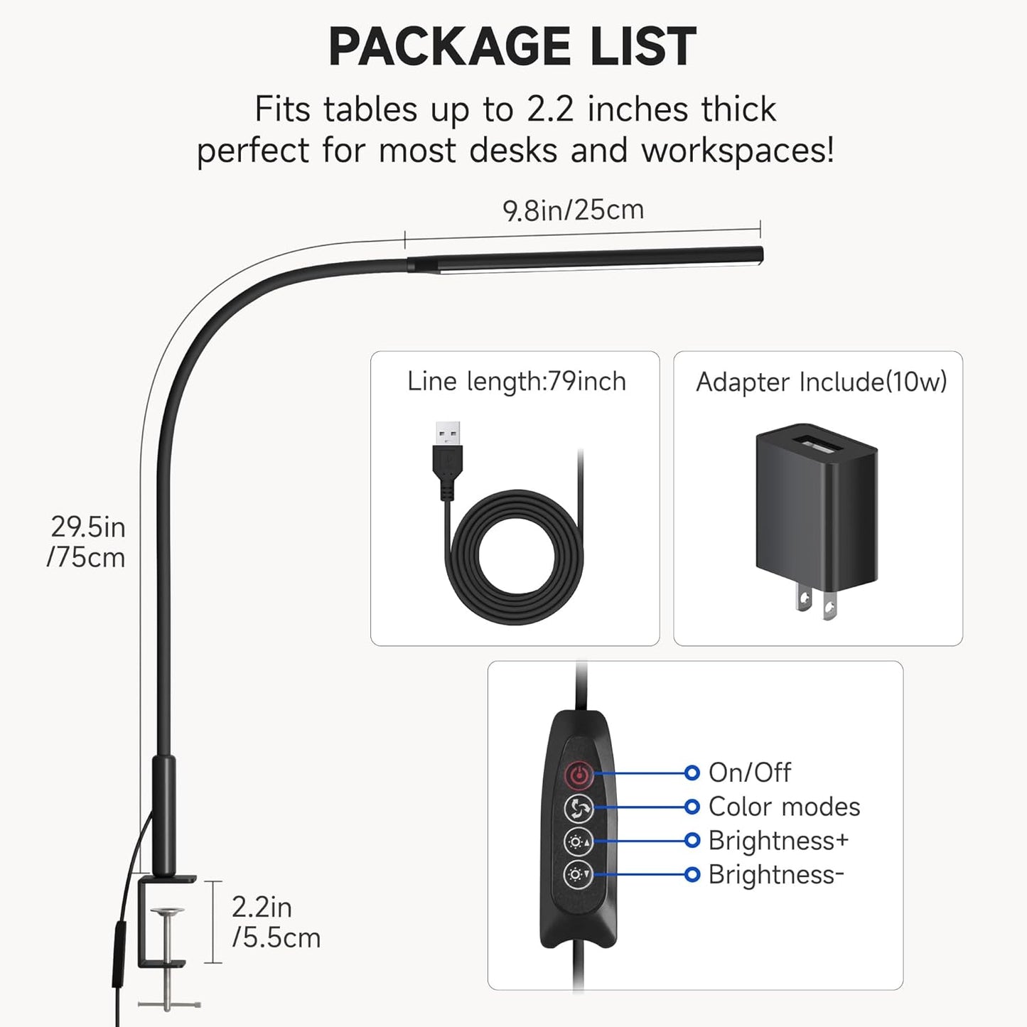 LED Desk Lamp with Clamp, Eye Caring Clip Light for Home Office, 3 Colors Stepless Dimming, Flexible Gooseneck Table Lamp with USB Adapter for Nail Reading Working Workbench Drawing Gaming (Black Pro)