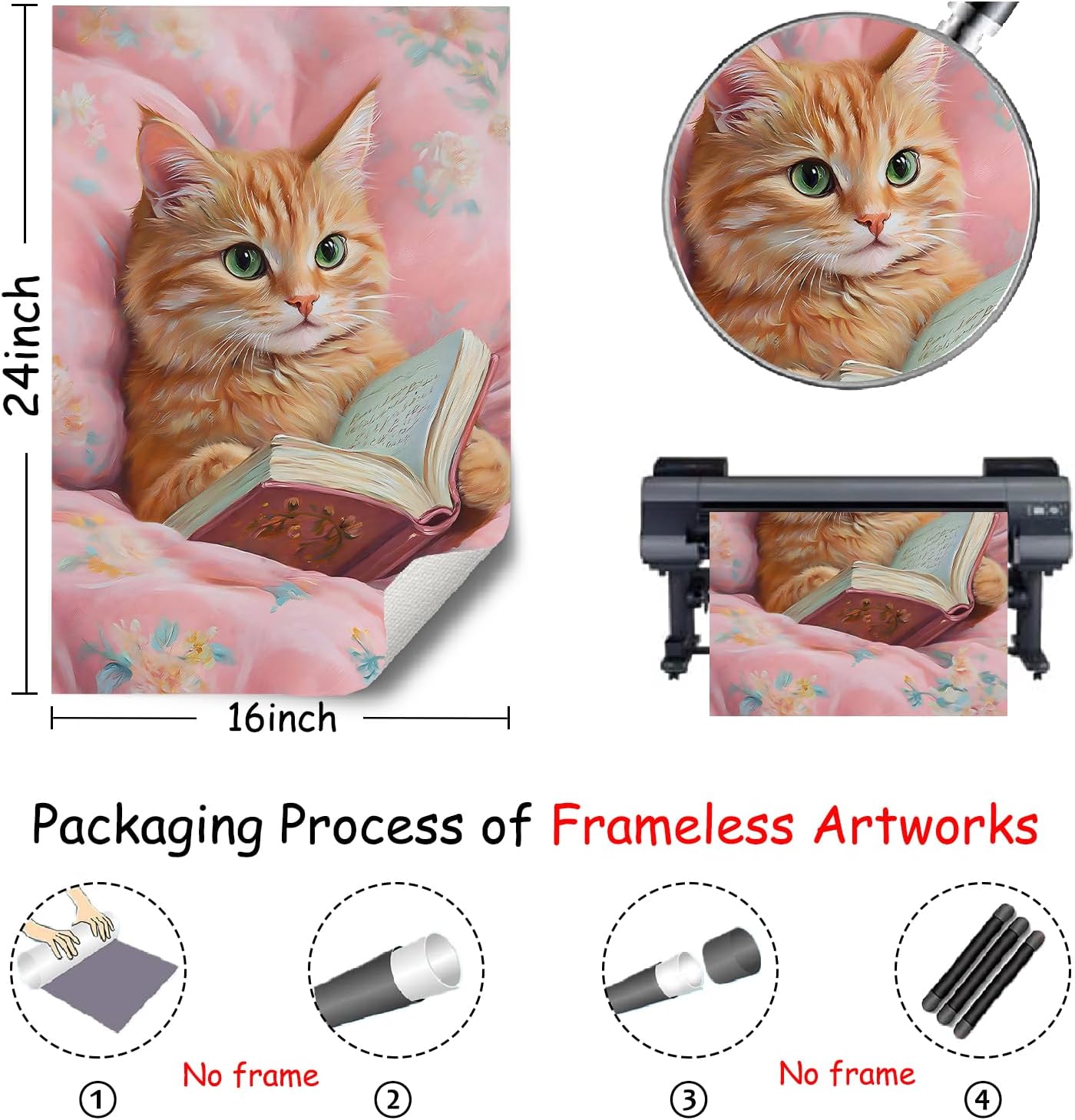 Cat Reading Book Wall Art Funny Aesthetic Cat Paintings Artwork Trendy Animal Poster Cats Floral Wall Art Animals Reading Books Prints Cute Pink Cats Picture Wall Decor 16x24in Unframed