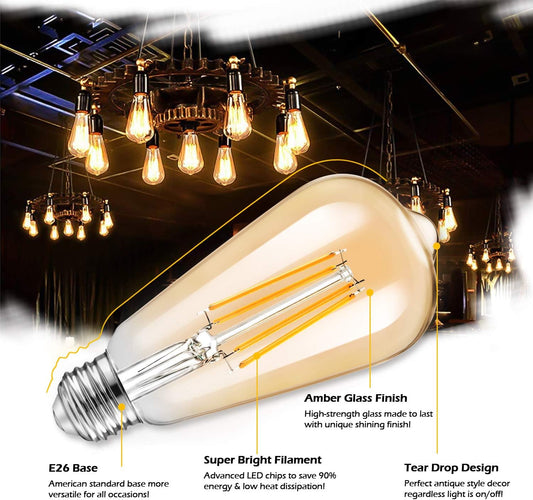 TOBUSA Dimmable LED Edison Light Bulbs 100W Incandescent Equivalent, Vintage Light Bulb 2700K Warm White(Amber Glass), ST64/ST21 LED Filament Bulbs 8W 1200LM, E26 Edison Bulb for Home, Reading 4-Pack