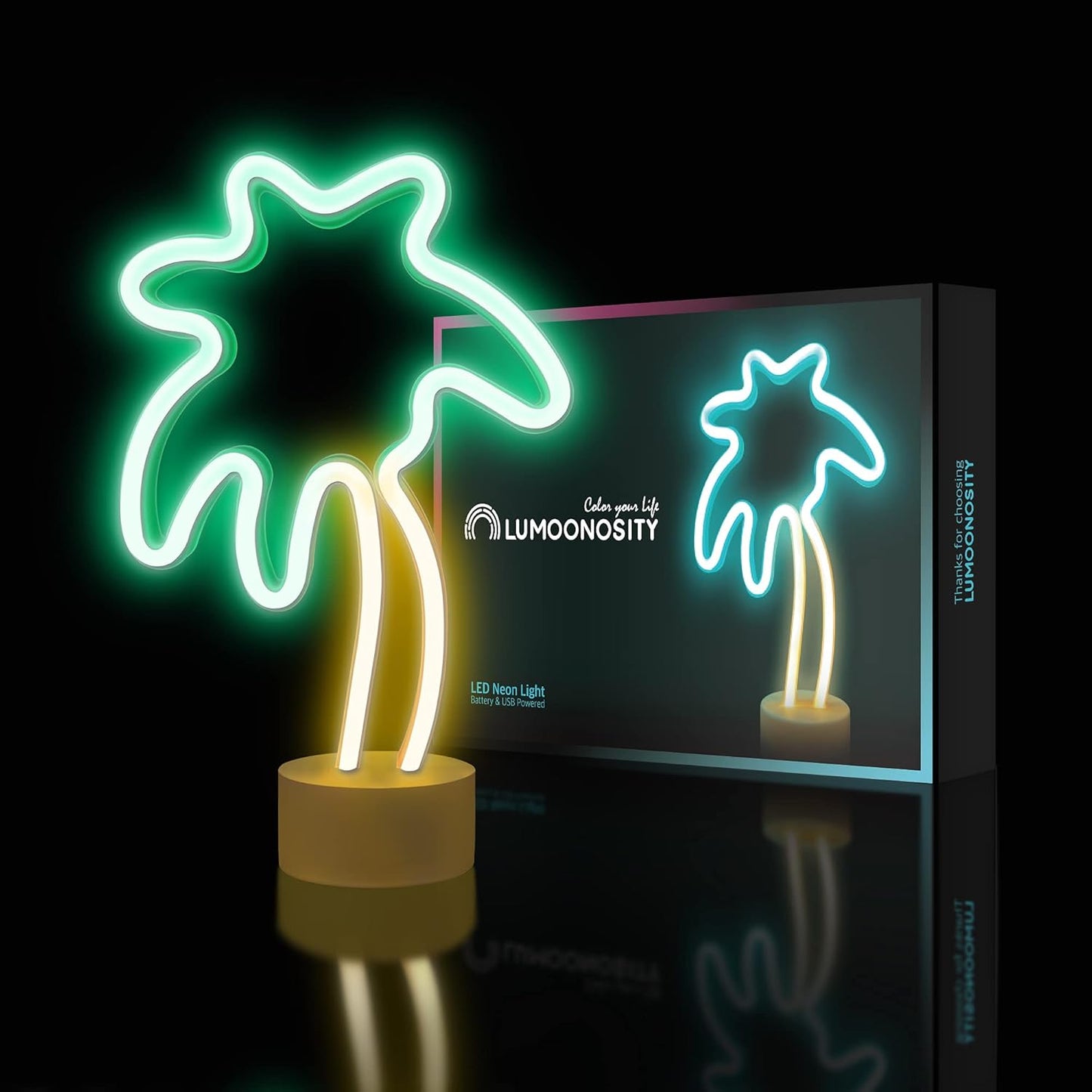 Lumoonosity Palm Tree Lights - Green & Yellow Palm Tree Neon Sign for Bedroom, Game Room - Battery/USB Powered Coconut Trees Neon Light with Stand for Desktop & Tabletop