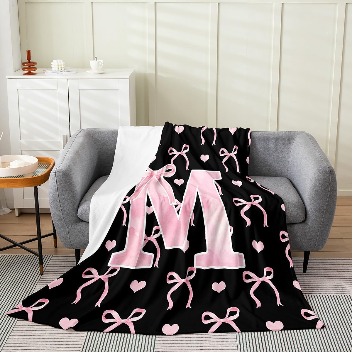Erosebridal Initial Letter A-Z Flannel Blanket Throw 50x60 Inch for Girls Black Pink M Alphabet Fleece Blanket Ombre Bow Cute Love Hearts Aesthetic Girly Fairy Microfiber Fuzzy Plush Throw