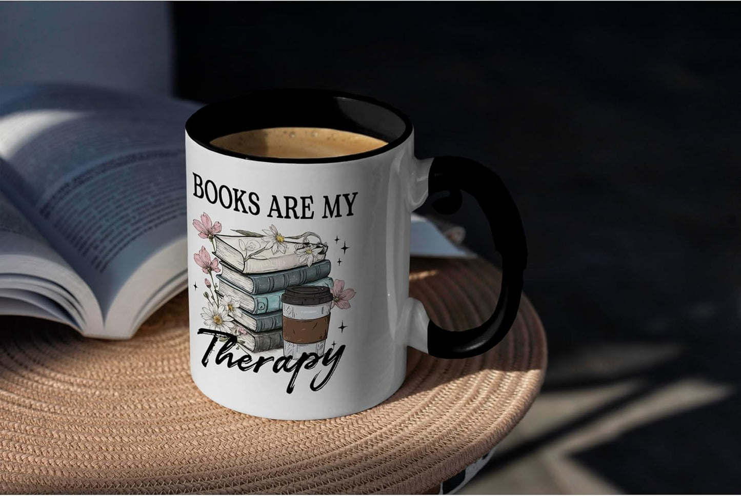 Book Lover Gifts - Books Are My Therapy Mugs with Black Handle, Bookish Coffee Mug with Stacked Book Design, Birthday, Christmas Gifts for Books Lovers Women, Bookworm Mugs for Readers