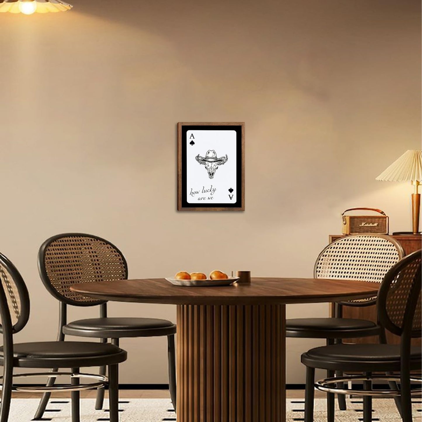 Western Cowboy Canvas Wall Art,Vintage Cow Skull and Cowboy hat Playing Card Inspired Posters Prints Wall Decor and How Lucky are We Aesthetic for Living Room Bedroom Office Home Decor 12x16in Framed
