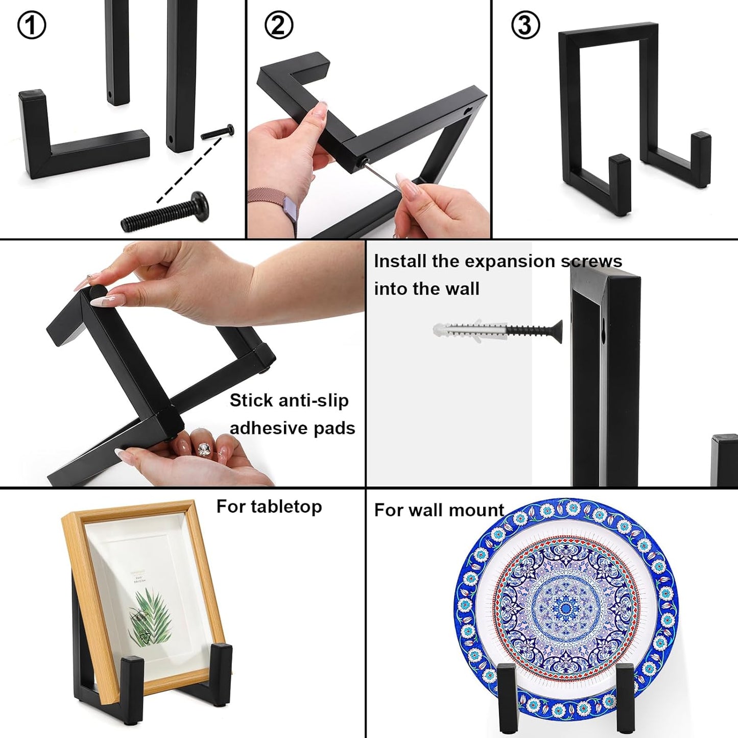 2 Pack Large Plate Stands, 8" Tall Picture Stands for Display, Industrial-Style Metal Wall Mount Photo Frame Holders, Heavy Duty Black Tabletop Easels for Pictures, Books, Platters, Artworks