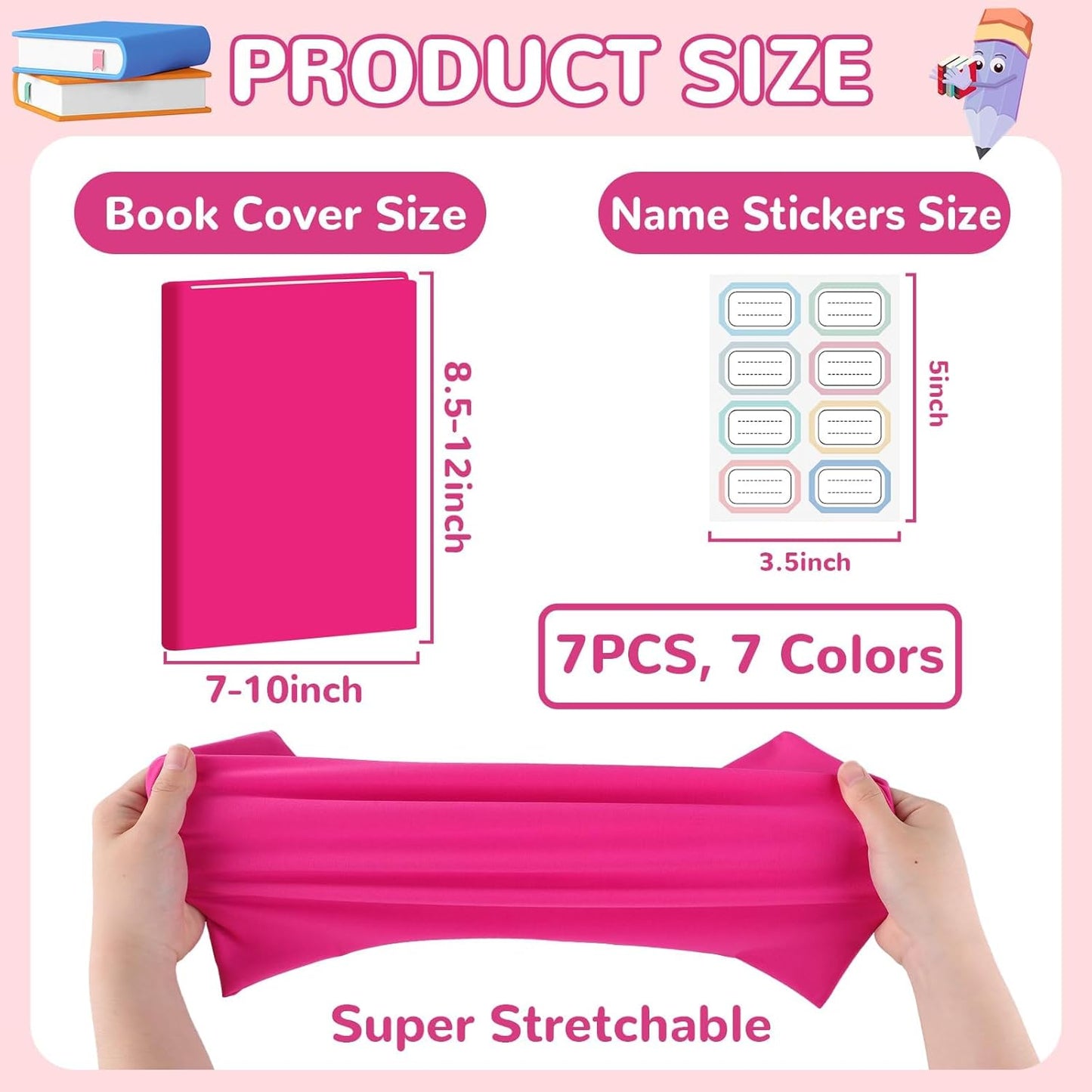 Jumbo Book Covers 7 Pack Reusable Fabric Book Cover Protective Books Covers 9 x 11 Inch Pink Stretchable Books Sleeve Cover with Label Sticker for Most Hardcover Textbooks Up to 10 x 12.5 Inch