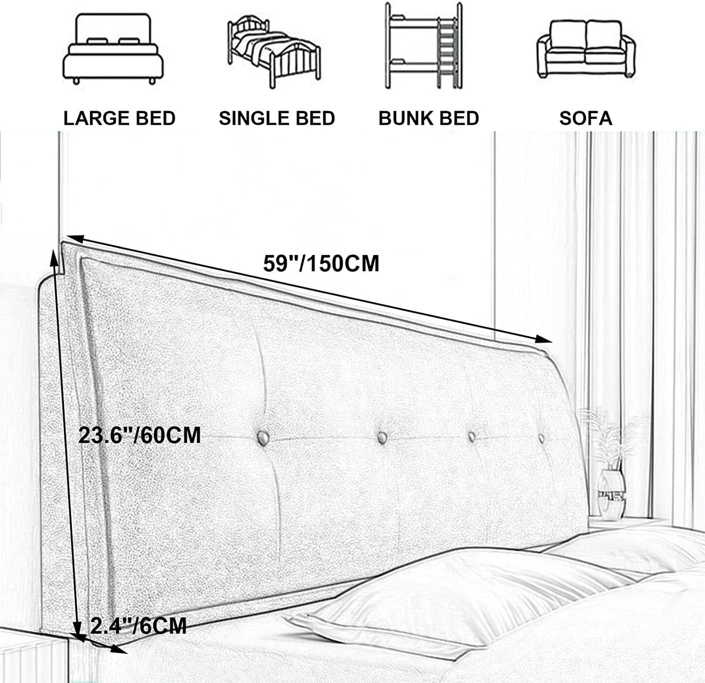 Headboard Cushion Reading Pillow Back Support Bed Large Adult Backrest Wedge Lounge Positioning Bedrest Bolster(Size:No headboard 59"/150cm,Color:A)