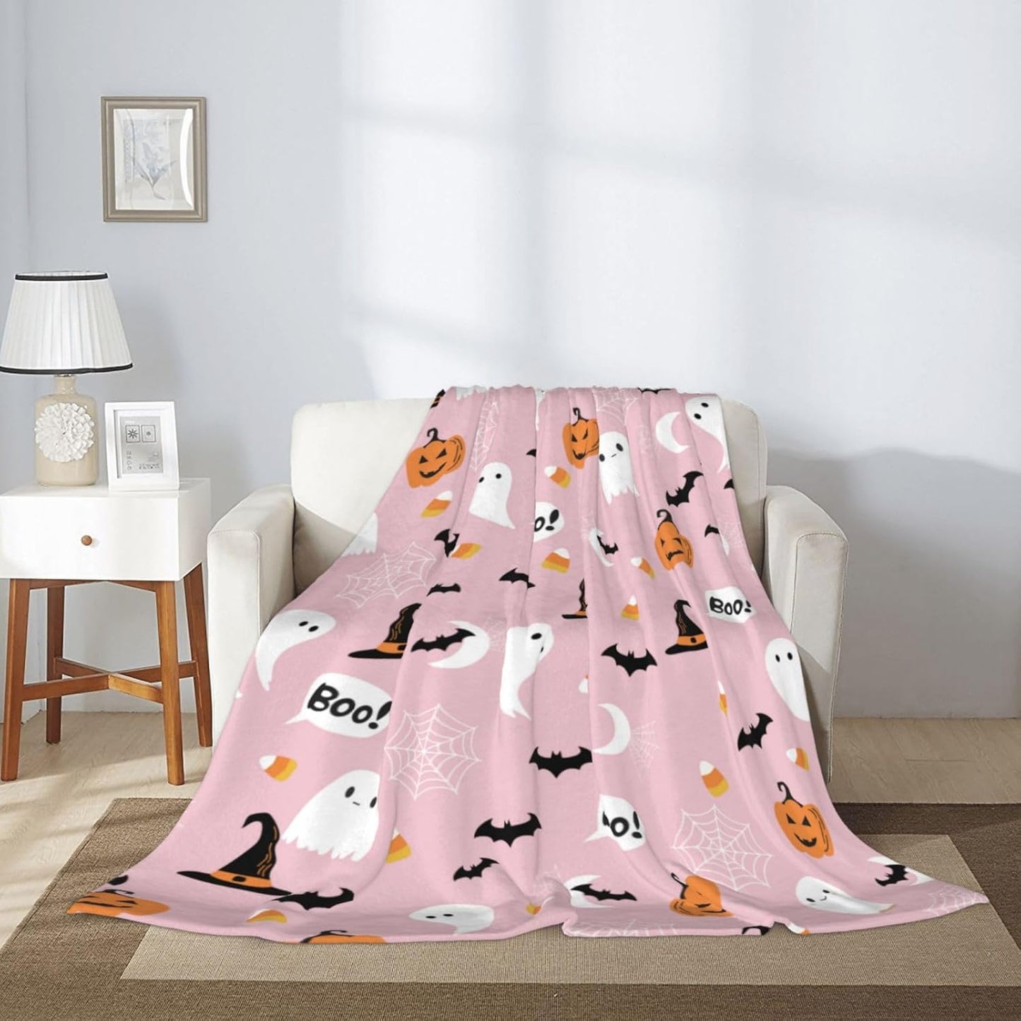 Halloween Cute Ghost Blanket - Pink With Pumpkin, Lightweight Throw for Women, Soft Cozy Fleece for Couch, Living Room, Bed - Kids Girls 50x60 Inches