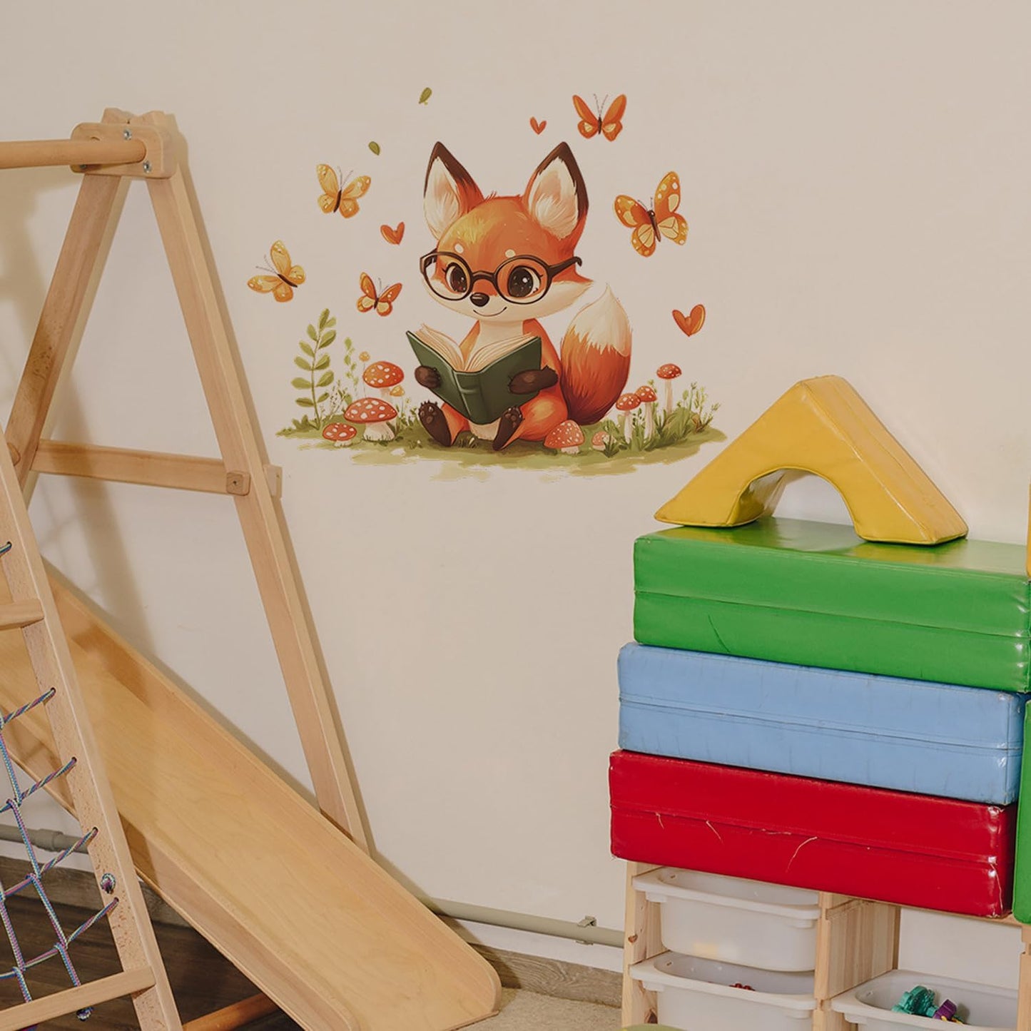 Woodland Fox Reading Wall Decal, Kids Room Nursery Decor with Butterflies and Mushrooms, 11.8 x 23.6 inches