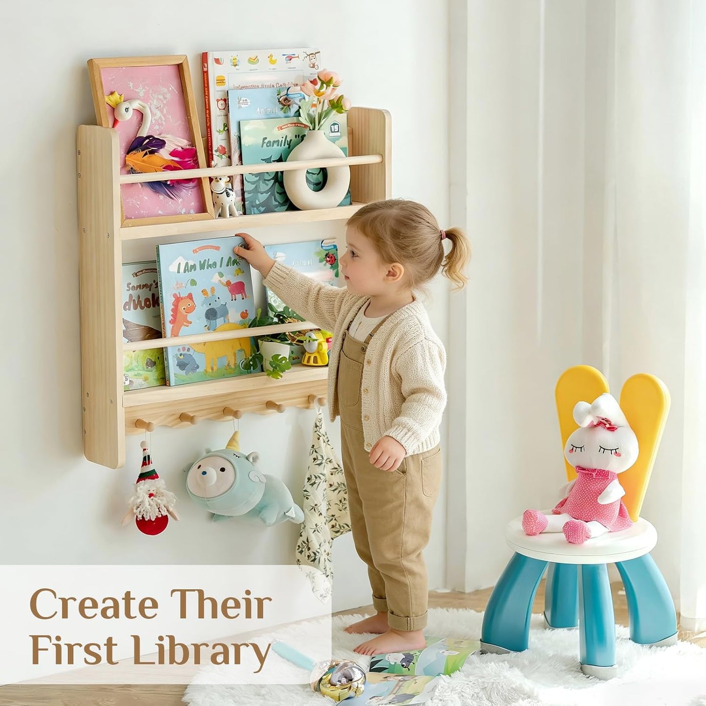 Large Nursery Bookshelf for Wall: 23.6inch 2-Tier Floating Book Shelves for Kids Toddlers Bedroom Solid Pine Wood Storage Organizer with Ledge Hooks Bar (Natural)