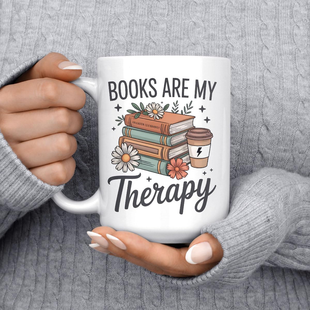 Personalized Books Are My Therapy 15 oz Ceramic Mug Custom Name for Book Reading Lovers