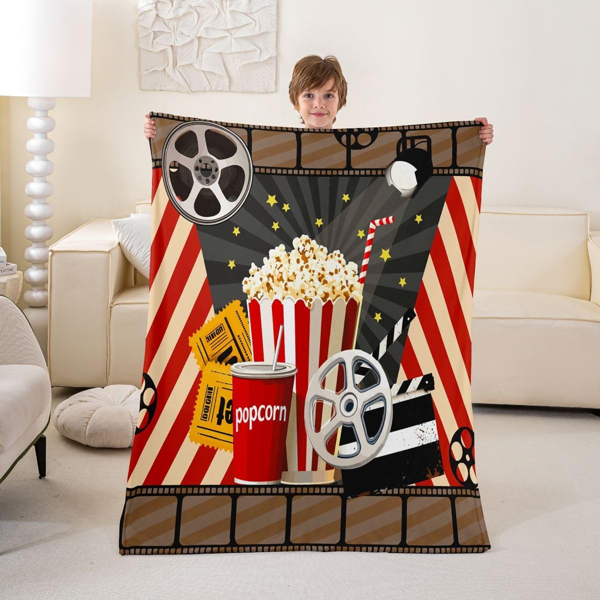 Feelyou Movie Theater All Season,Bed Blanket Cinema Poster Plush Throw Blanket, Popcorn Vintage Showing Flannel Fleece Blanket for Bedroom Decor Old Fashion Home Decor 40"x50"