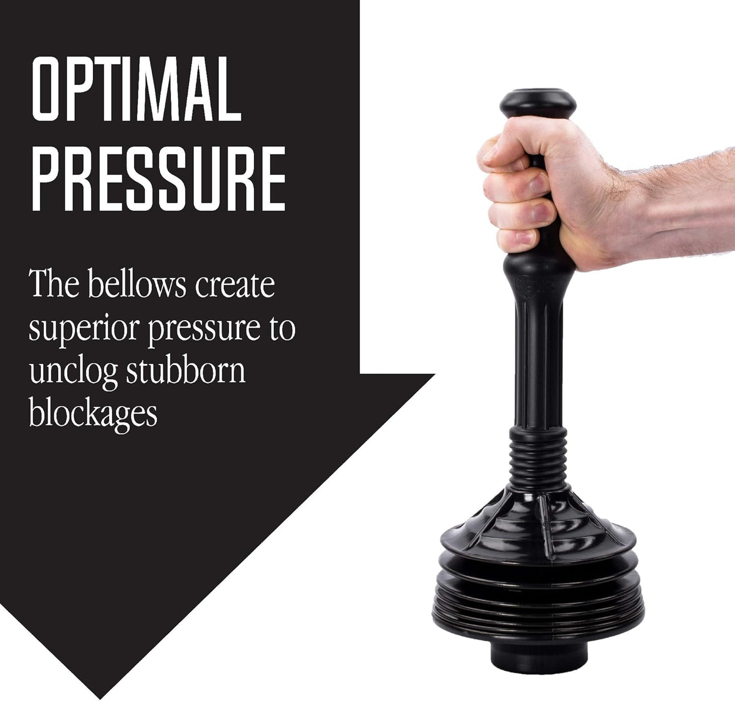JS Jackson Supplies Professional Bellows Accordion Toilet Plunger, High Pressure Thrust Plunge Removes Heavy Duty Clogs from Clogged Bathroom Toilets, All Purpose Power Plungers for Bathrooms, Black