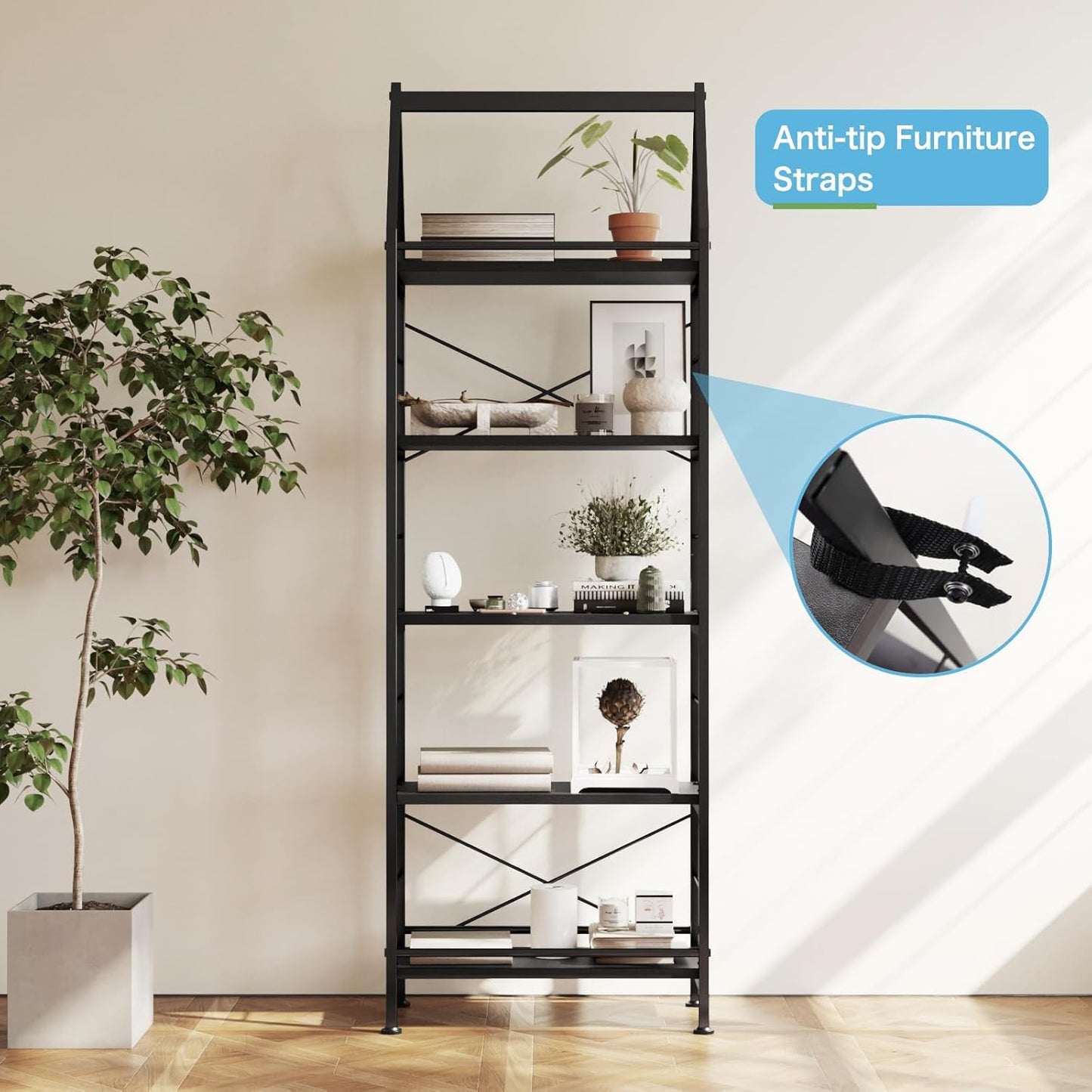 5-Tier Bookshelf, Standing Shelf Units,Tall Standing Bookcase, Modern Display Shelf Unit Storage Organizer Rack for Study Room Home Office,Black