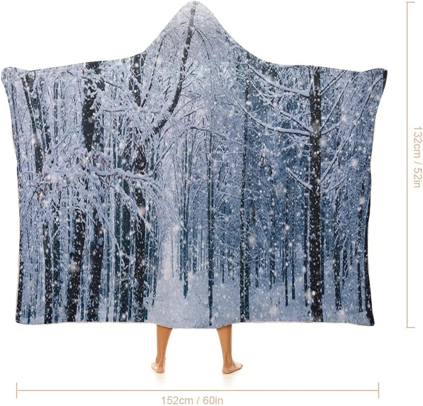 Throw Blankets, Winter Wearable Hooded Blanket for Adults, Snow Covered Forest Idyllic Early Morning, Soft Warm Cozy, 50 x 60inches, Studying Reading Snuggling Napping Office, Black White Slate Blue