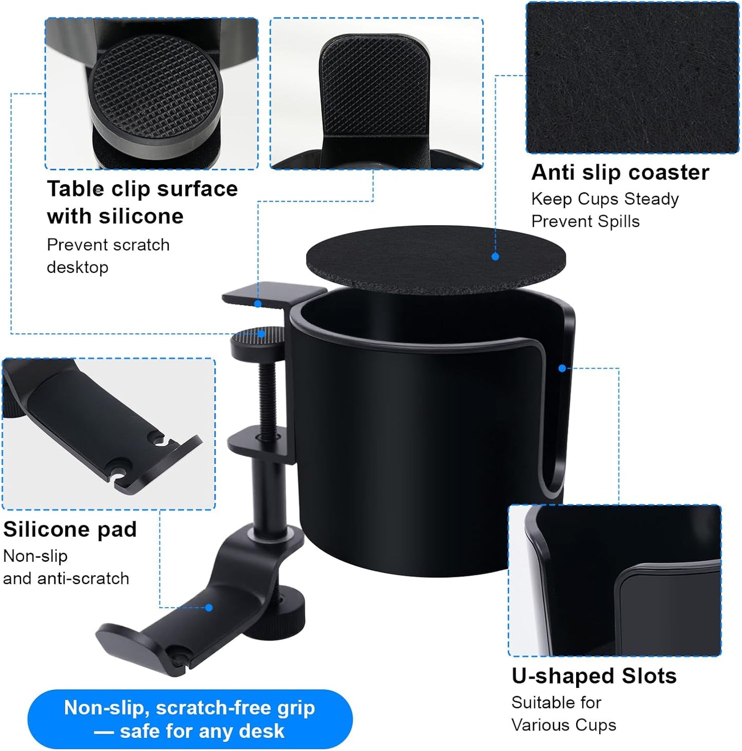 Clamp-On Desk Cup Holder with 360° Rotating Hook – Anti-Spill Drink Holder with No-Scratch Silicone Pads, Fits Mugs & Tumblers – for Home Office, Gaming, Camping & Outdoor Tables
