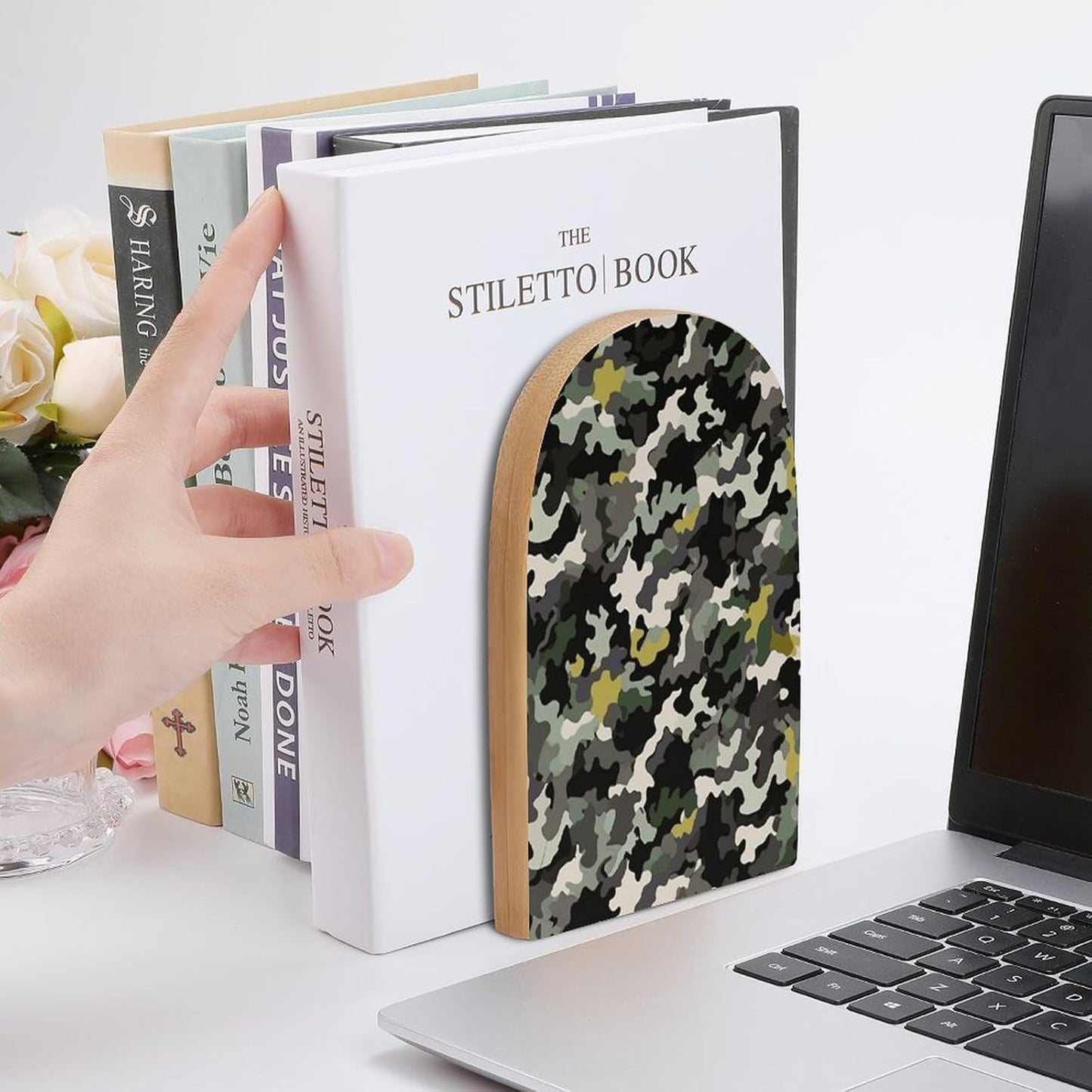 Abstract Camouflage Bookend for Shelves Wooden Book End Large Size Sturdy Book Holders Stoppers with Metal Base for Bookshelves Slick Decorative Bookends Stands
