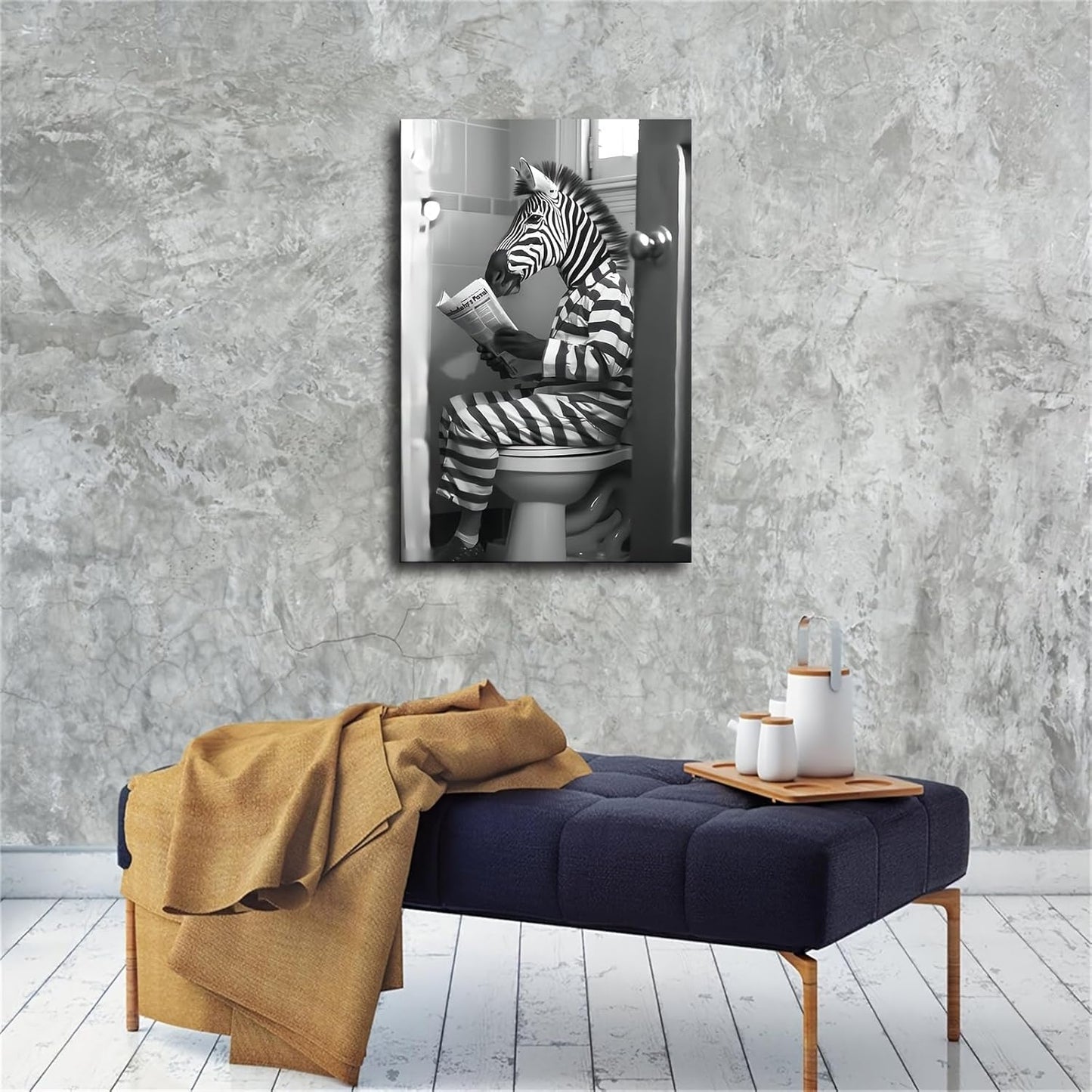 Black And White Wall Art Zebra Reading Newspaper In The Toilet Comical Canvas Wall Prints poster Modern Home Aesthetic Decor Wall art for Bedroom Dorm (Framed 08x12inch)